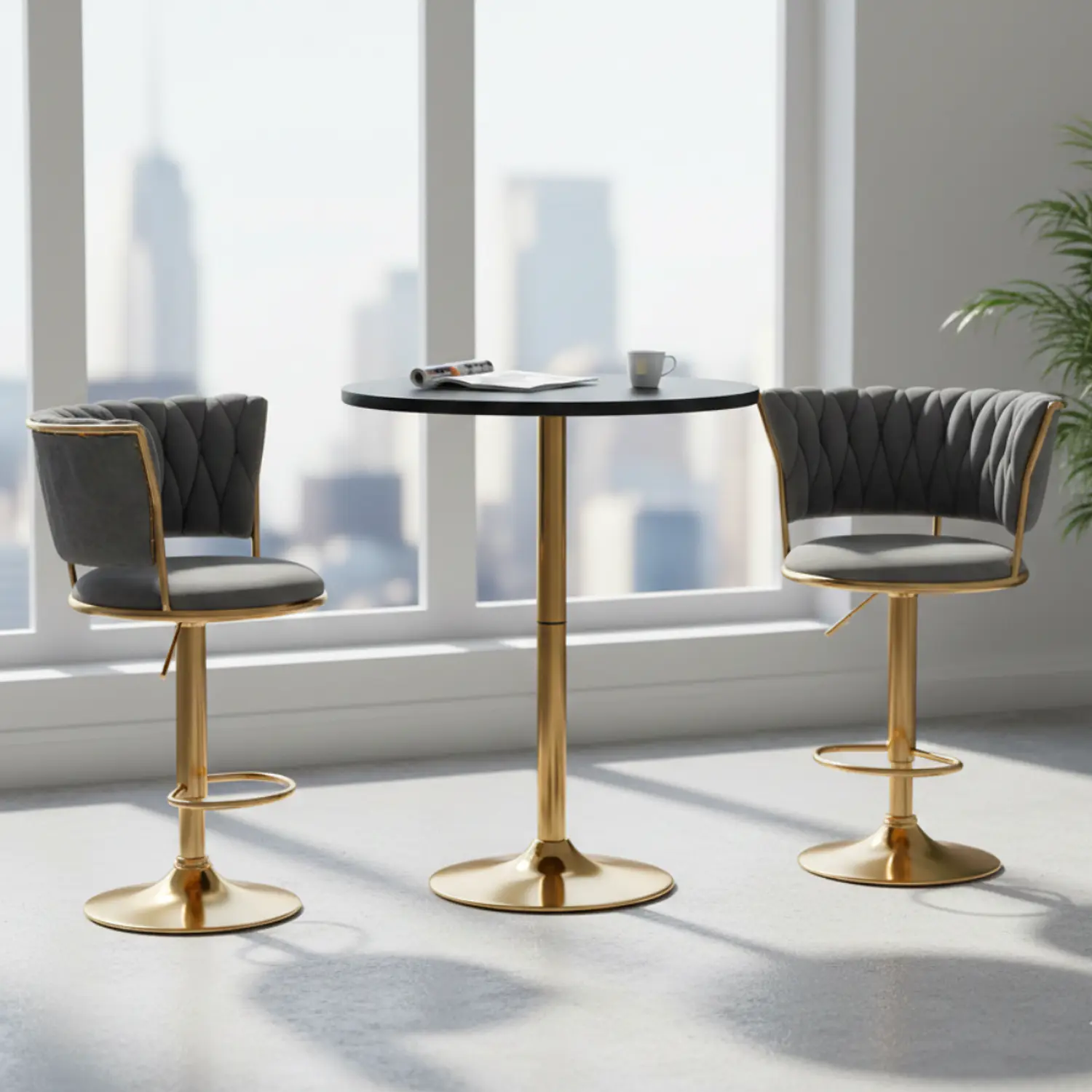 Set Mesa de Bar Negra MDF y 2 Taburetes Dorados Regulable 3