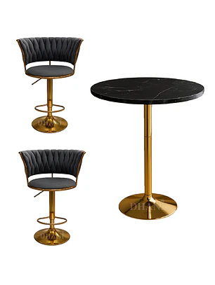 Set de Mesa de Bar Negra en MDF Efecto Mármol y 2 Taburetes Felpa Dorados Ajustables