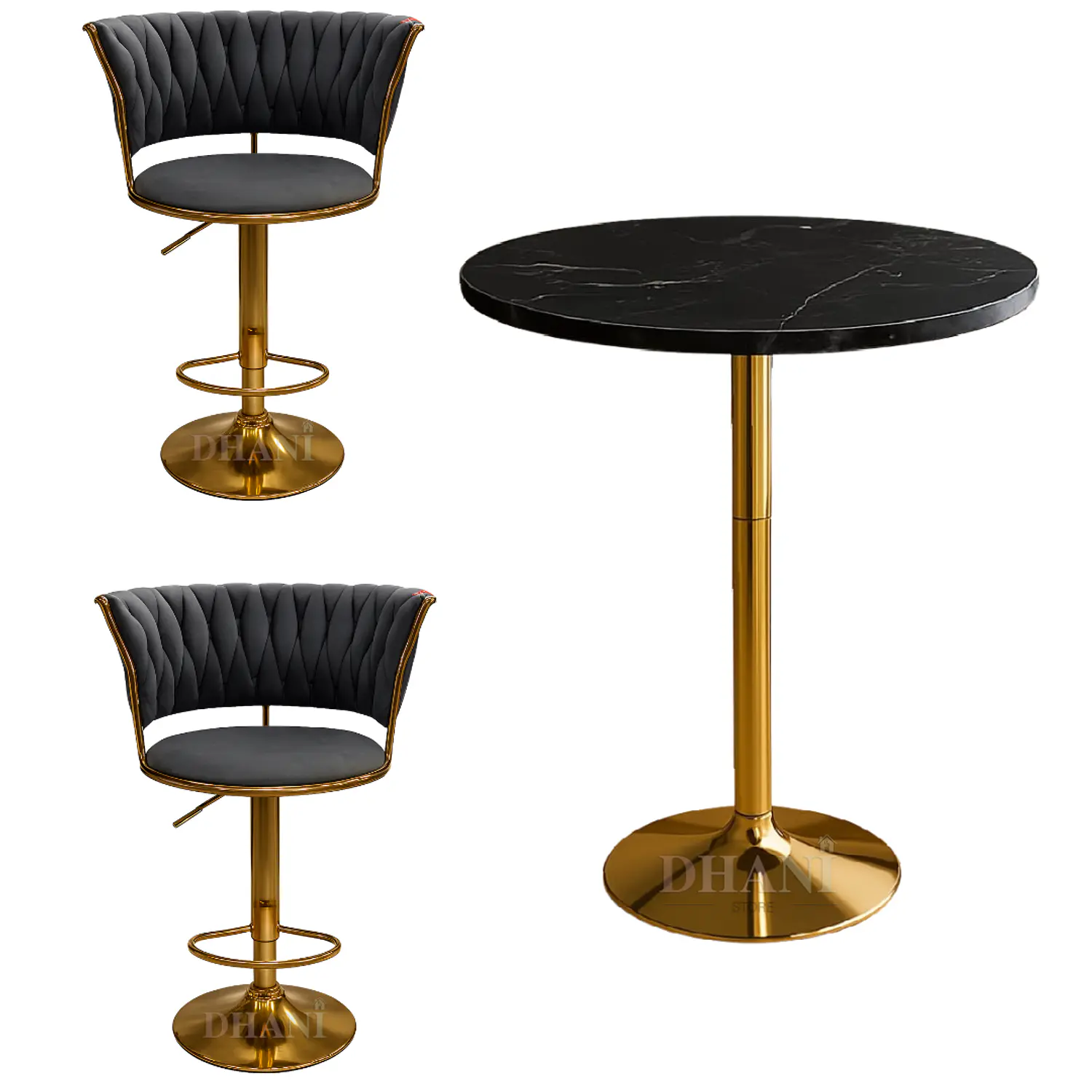 Set de Mesa de Bar Negra en MDF Efecto Mármol y 2 Taburetes Felpa Dorados Ajustables 1