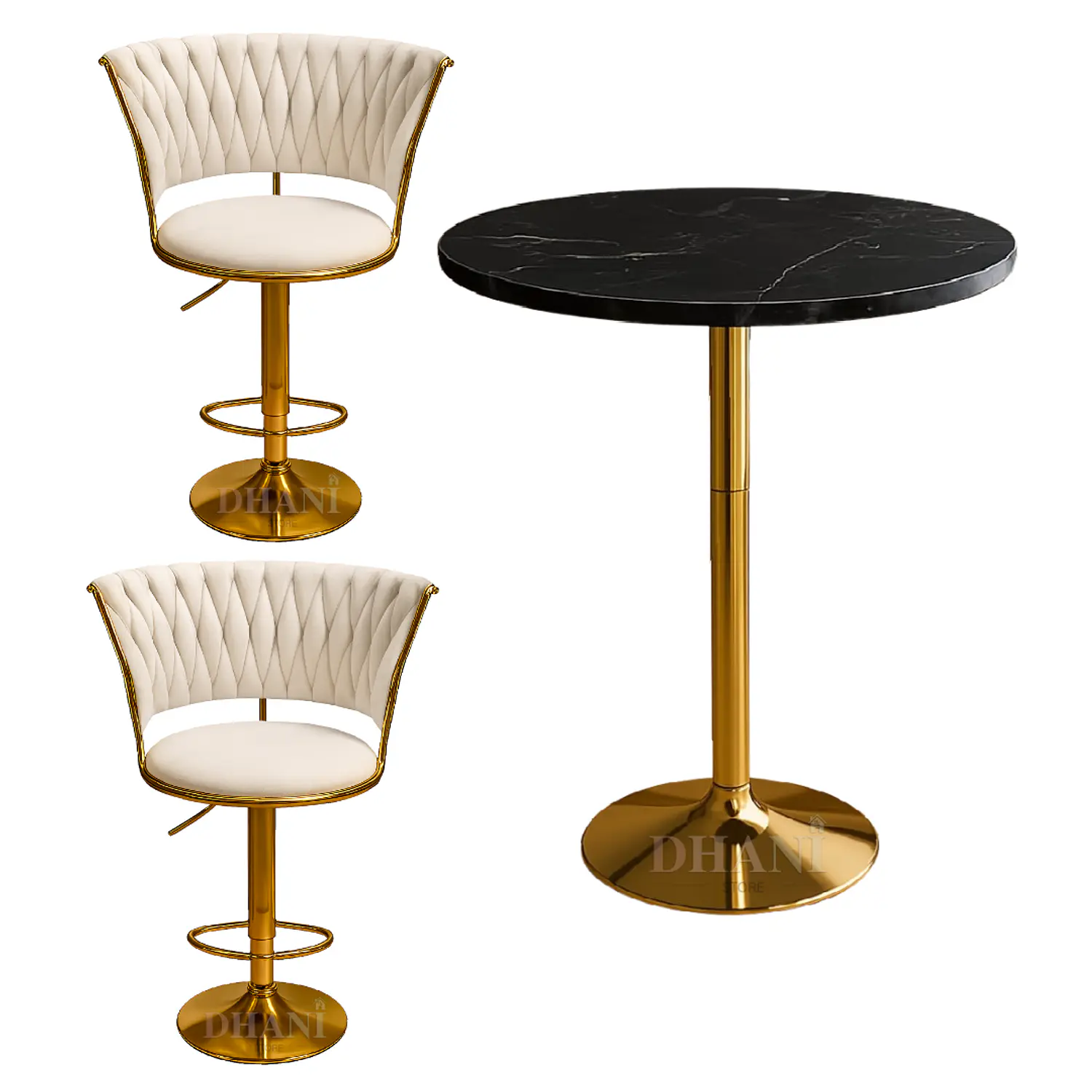 Set de Mesa de Bar Negra en MDF Efecto Mármol y 2 Taburetes Felpa Dorados Ajustables 3