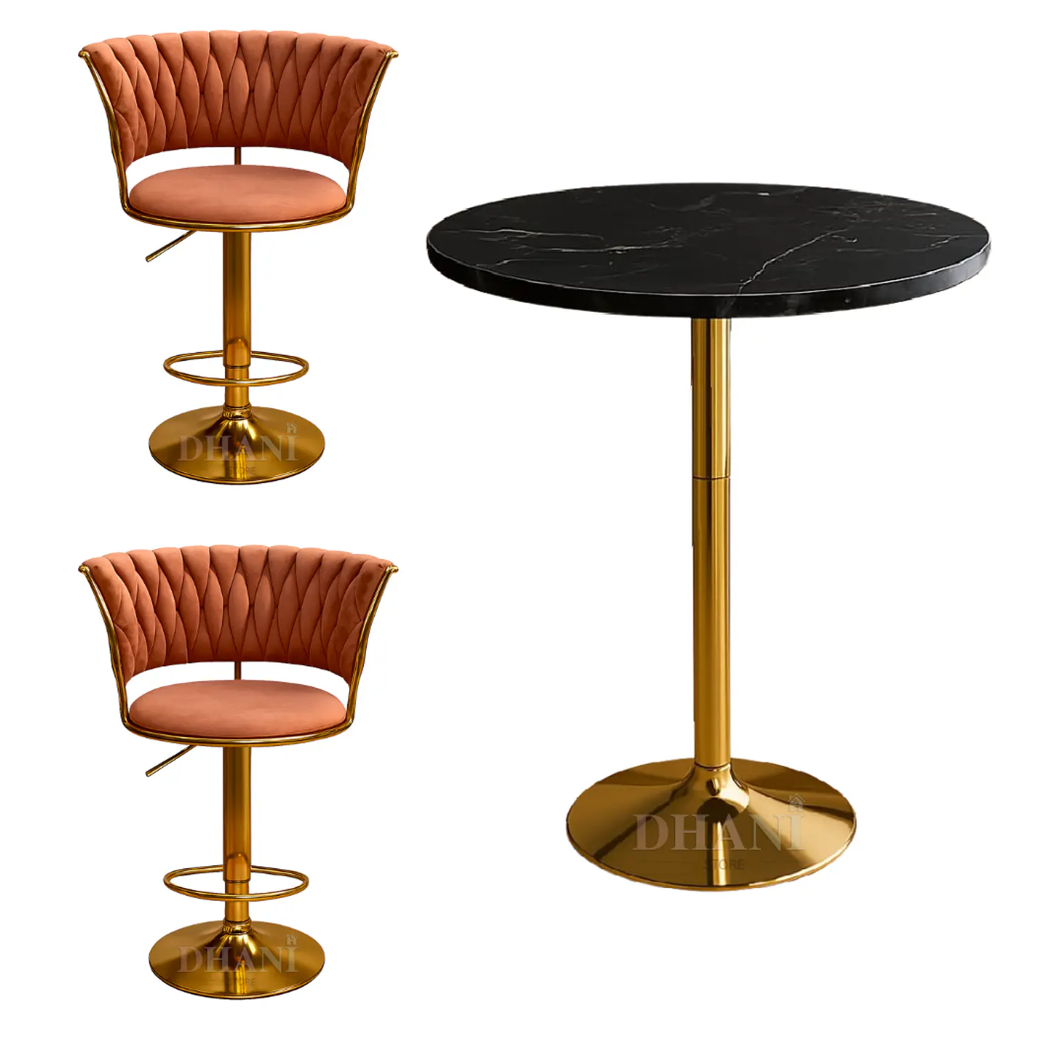 Set de Mesa de Bar Negra en MDF Efecto Mármol y 2 Taburetes Felpa Dorados Ajustables 5