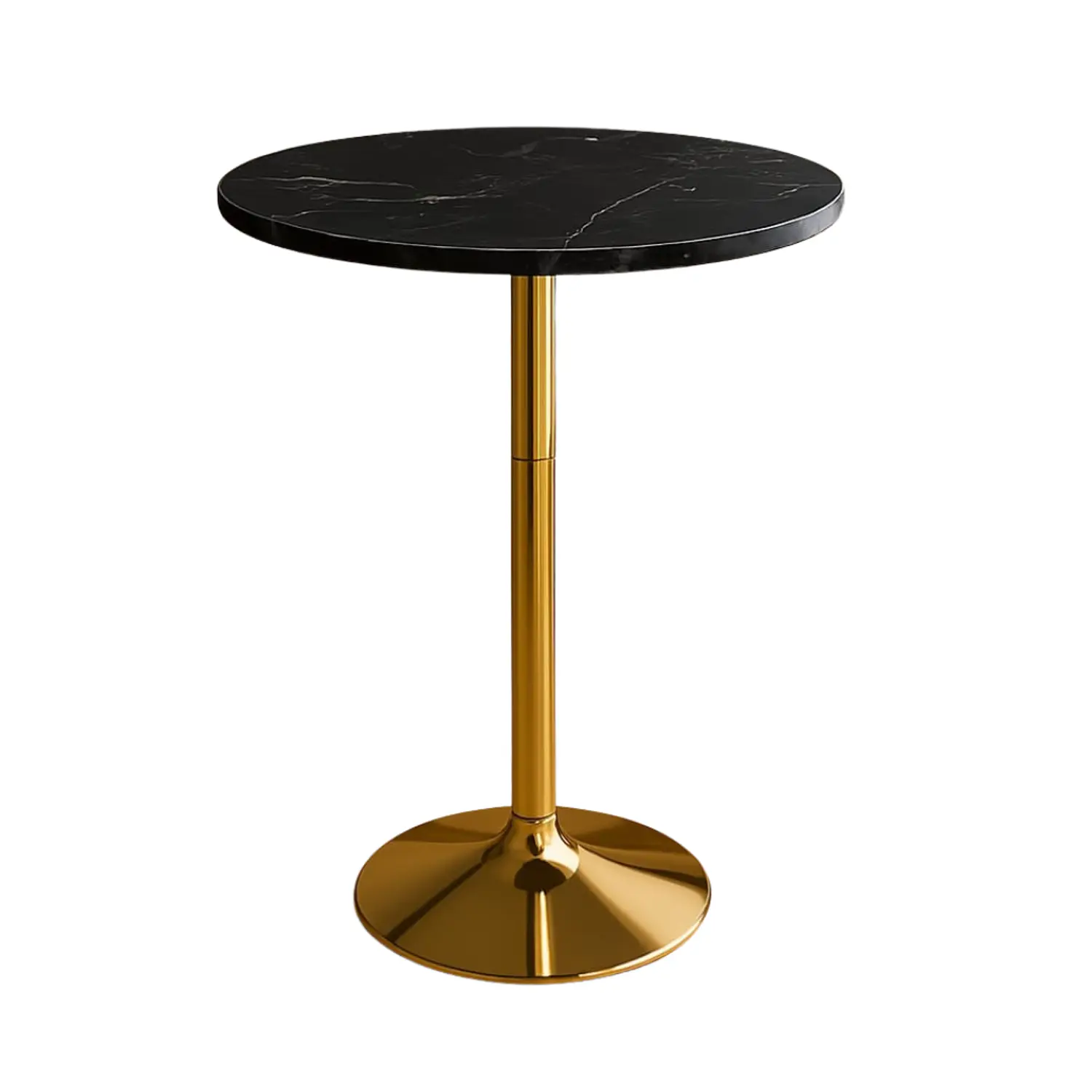 Set de Mesa de Bar Negra en MDF Efecto Mármol y 2 Taburetes Felpa Dorados Ajustables 7