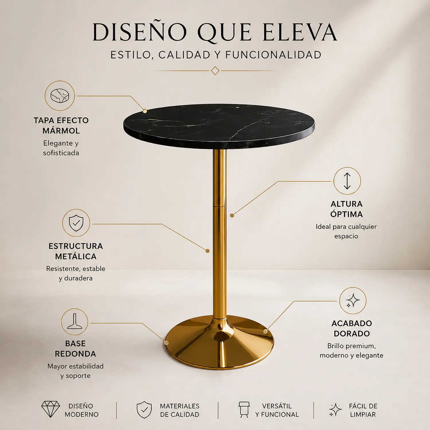 Set de Mesa de Bar Negra en MDF Efecto Mármol y 2 Taburetes Felpa Dorados Ajustables 8