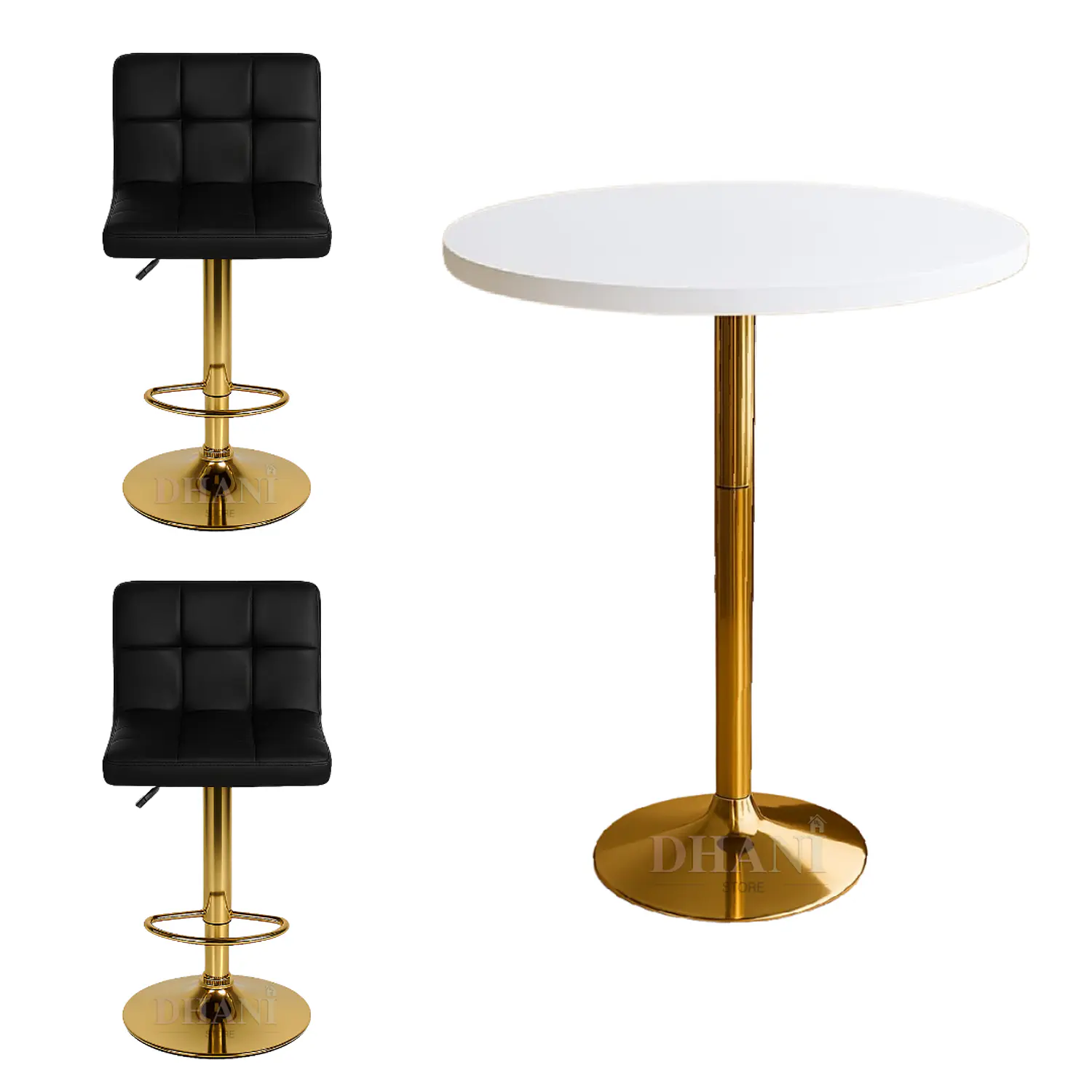 Set mesa bar blanca MDF y 2 taburetes acolchados regulables dorados 5