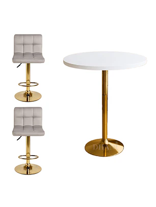Set mesa bar blanca MDF y 2 taburetes acolchados regulables dorados