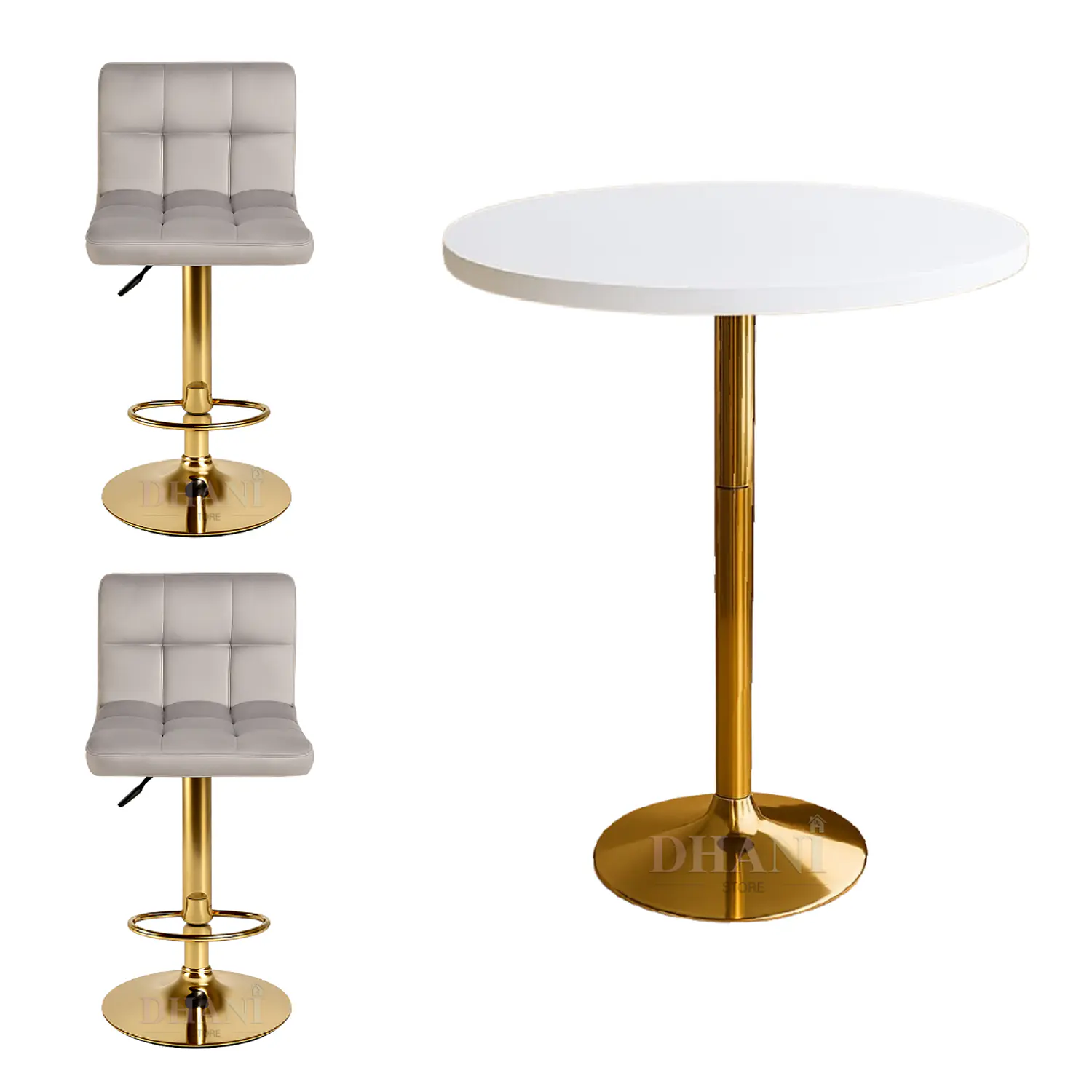 Set mesa bar blanca MDF y 2 taburetes acolchados regulables dorados 1