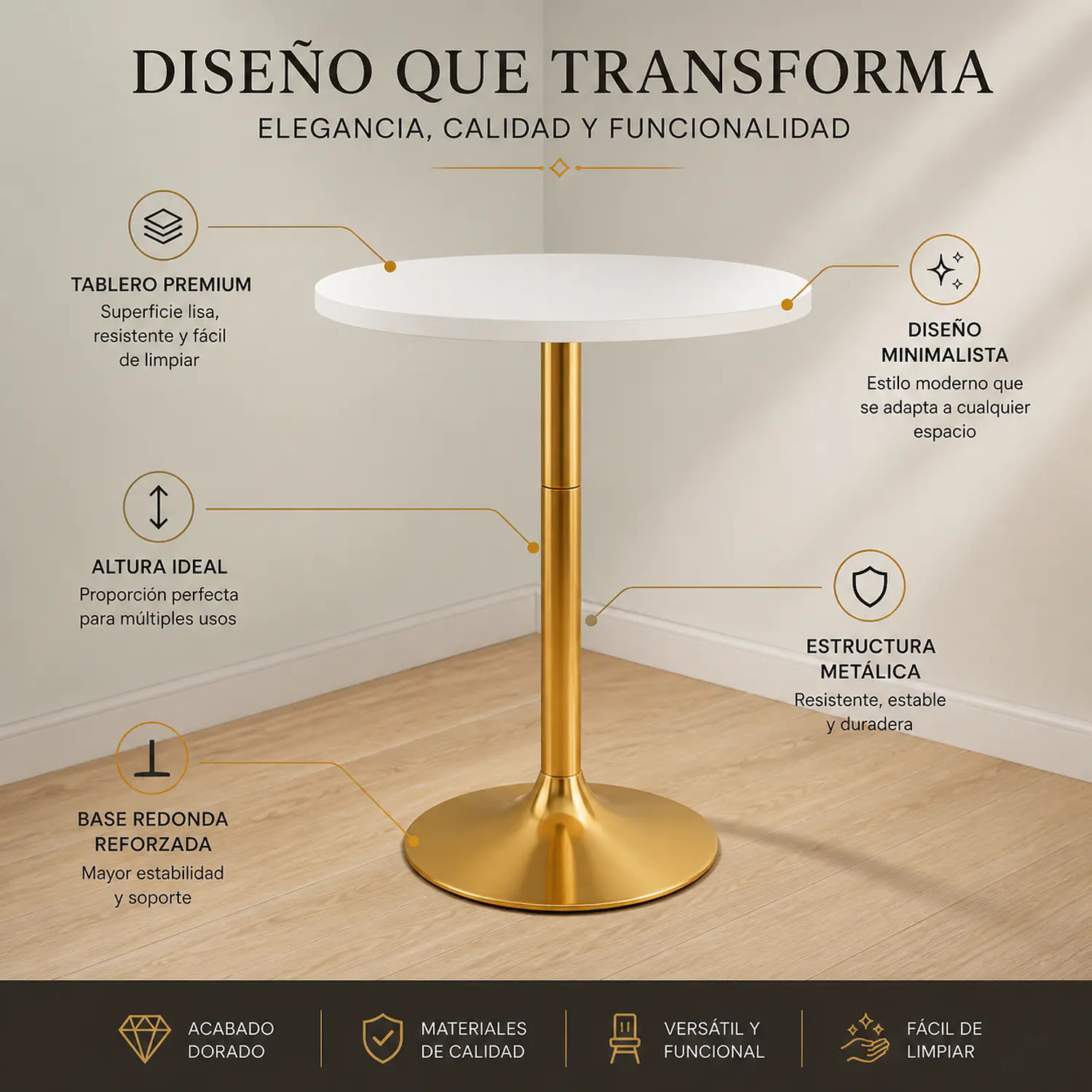 Set mesa bar blanca MDF y 2 taburetes acolchados regulables dorados 9