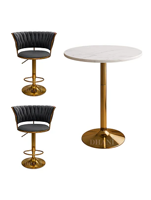 Set Mesa de Bar Efecto Mármol Blanco MDF y 2 Taburetes Felpa Ajustables Dorados