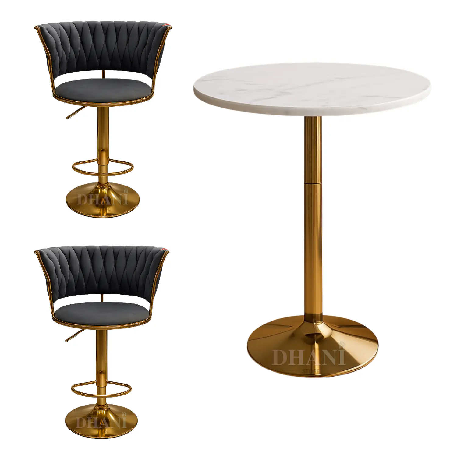 Set Mesa de Bar Efecto Mármol Blanco MDF y 2 Taburetes Felpa Ajustables Dorados 1