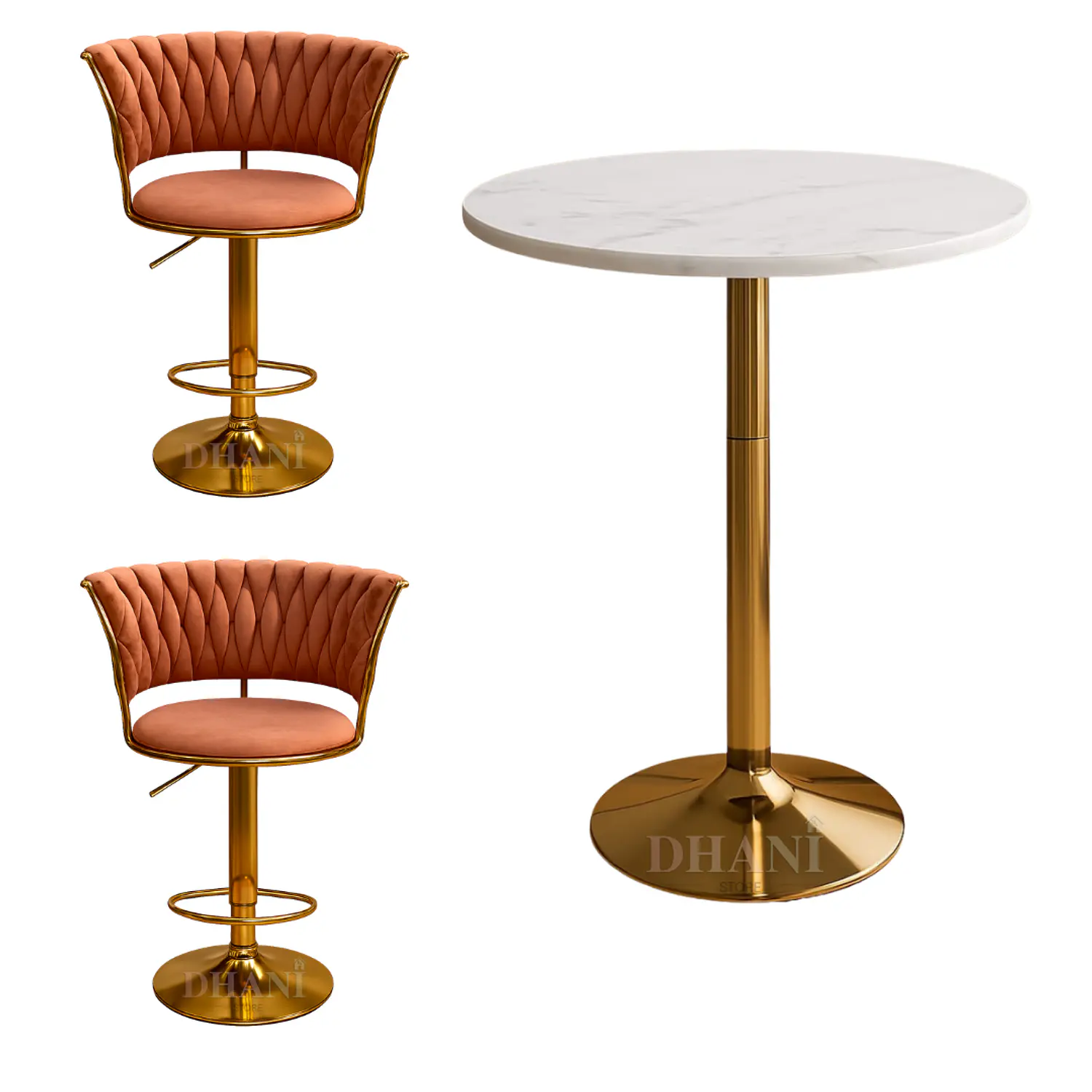 Set Mesa de Bar Efecto Mármol Blanco MDF y 2 Taburetes Felpa Ajustables Dorados 5