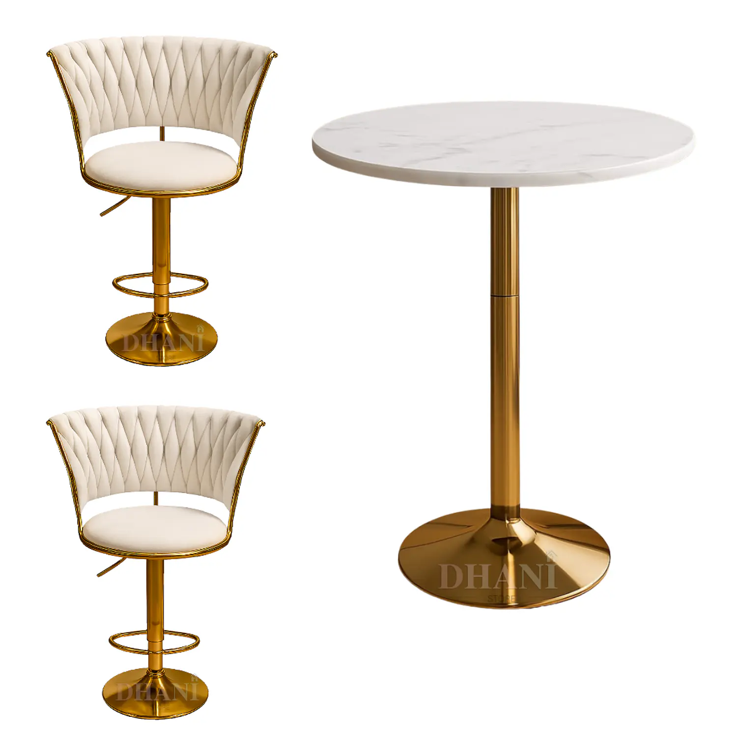 Set Mesa de Bar Efecto Mármol Blanco MDF y 2 Taburetes Felpa Ajustables Dorados 3