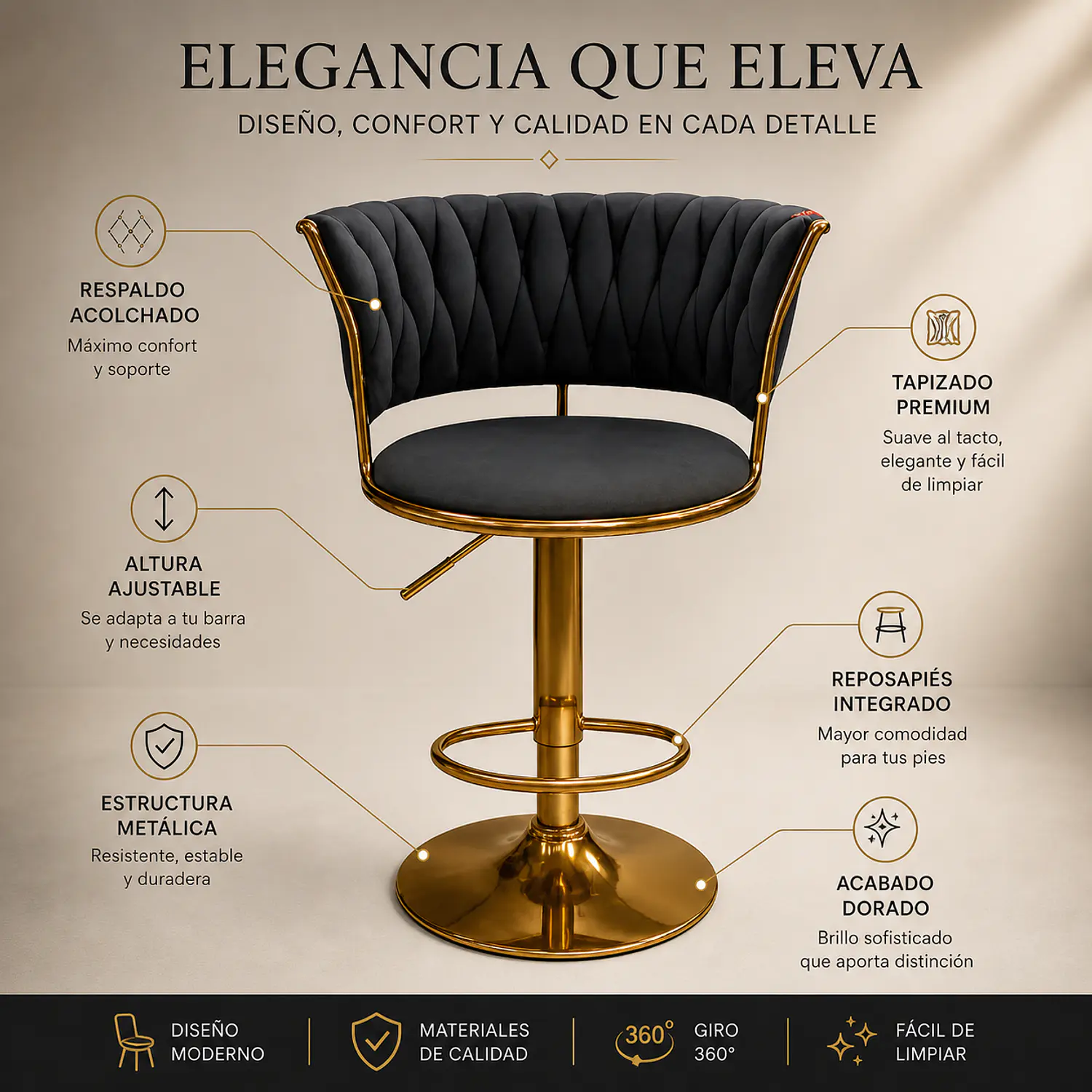 Set Mesa de Bar Efecto Mármol Blanco MDF y 2 Taburetes Felpa Ajustables Dorados 8