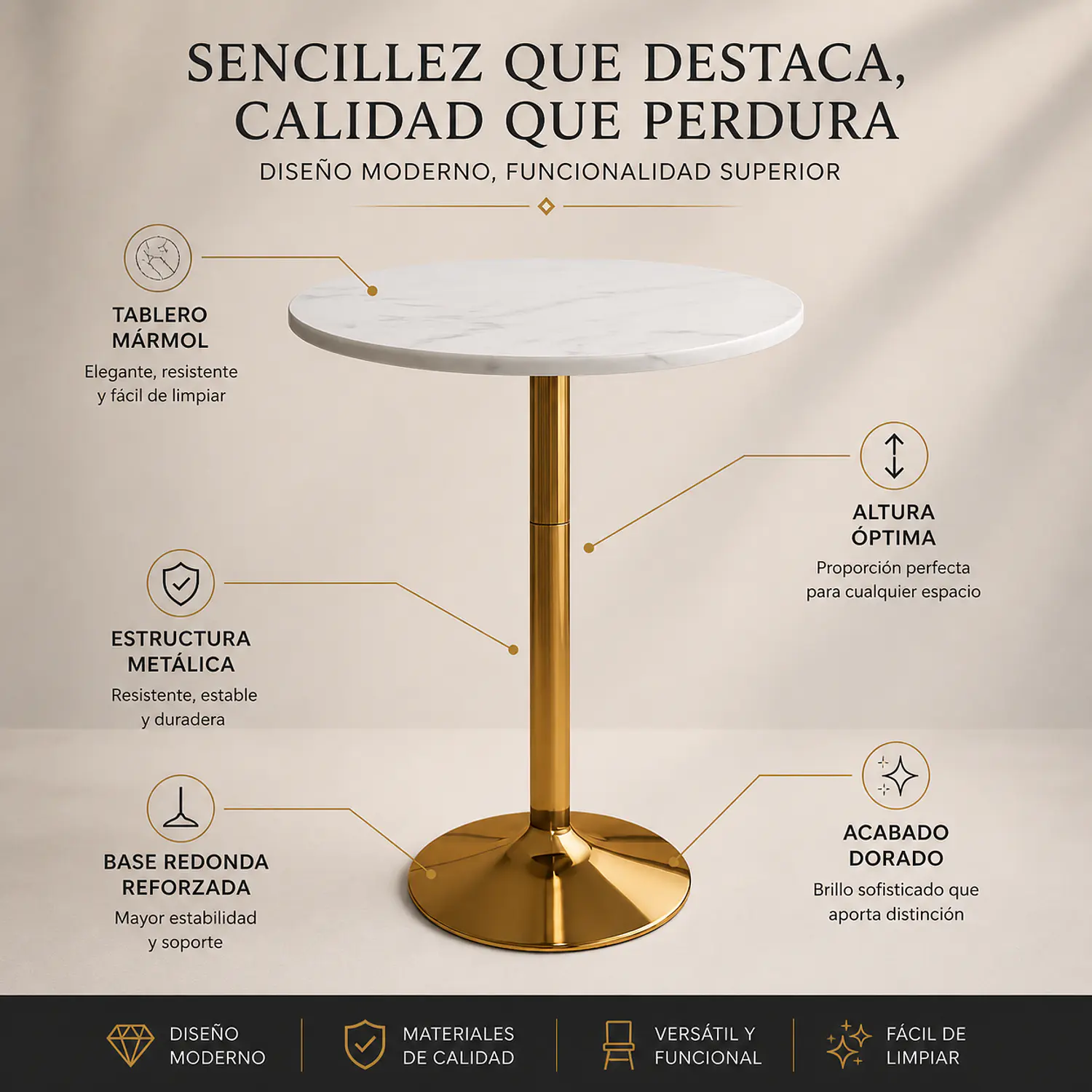 Set Mesa de Bar Efecto Mármol Blanco MDF y 2 Taburetes Felpa Ajustables Dorados 9