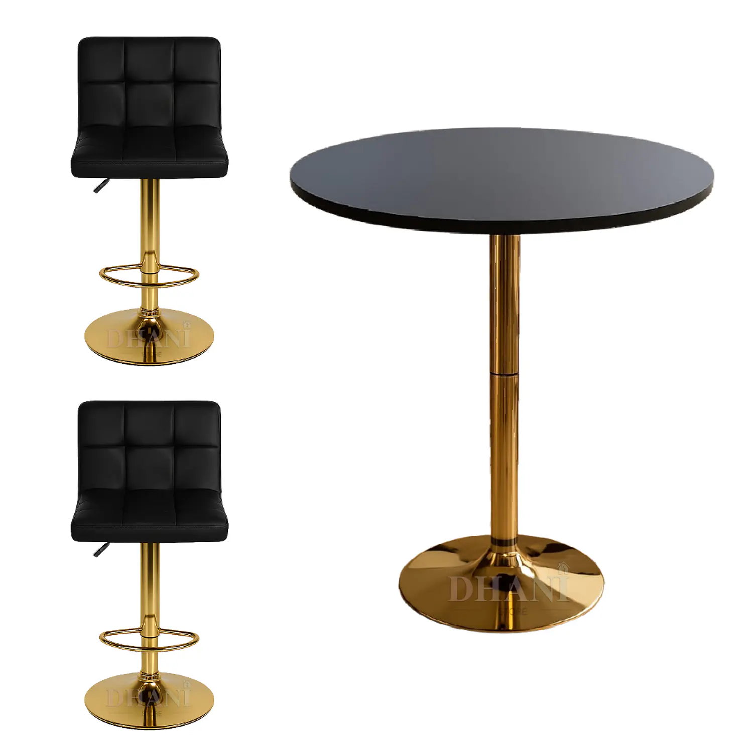 Set Mesa de Bar Negra MDF y 2 Taburetes Dorados Regulables 5