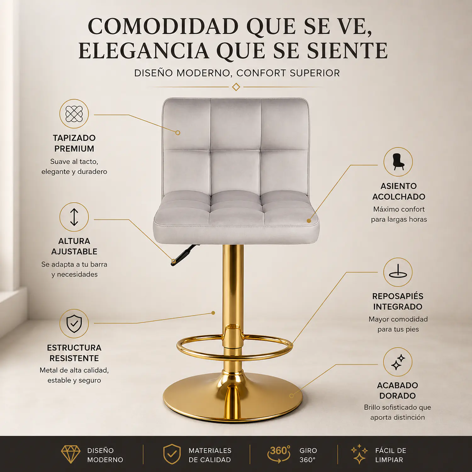 Set Mesa de Bar Negra MDF y 2 Taburetes Dorados Regulables 7