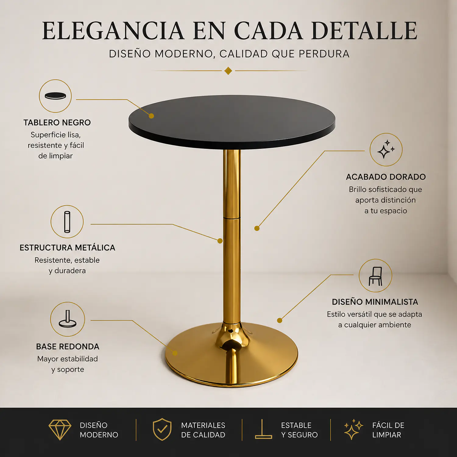 Set Mesa de Bar Negra MDF y 2 Taburetes Dorados Regulables 8
