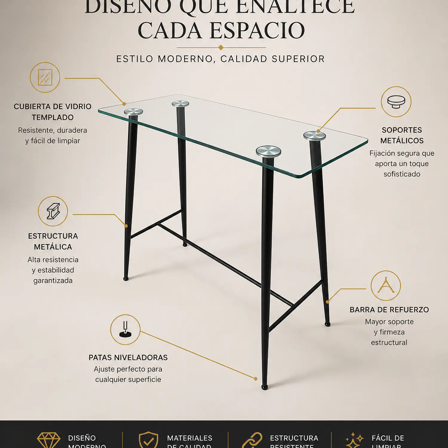 Mesa de Bar Rectangular de Vidrio con Base Metálica 3