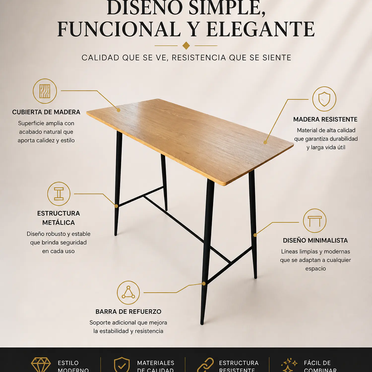 Mesa de Bar Rectangular MDF Moderna con Patas Metálicas 3