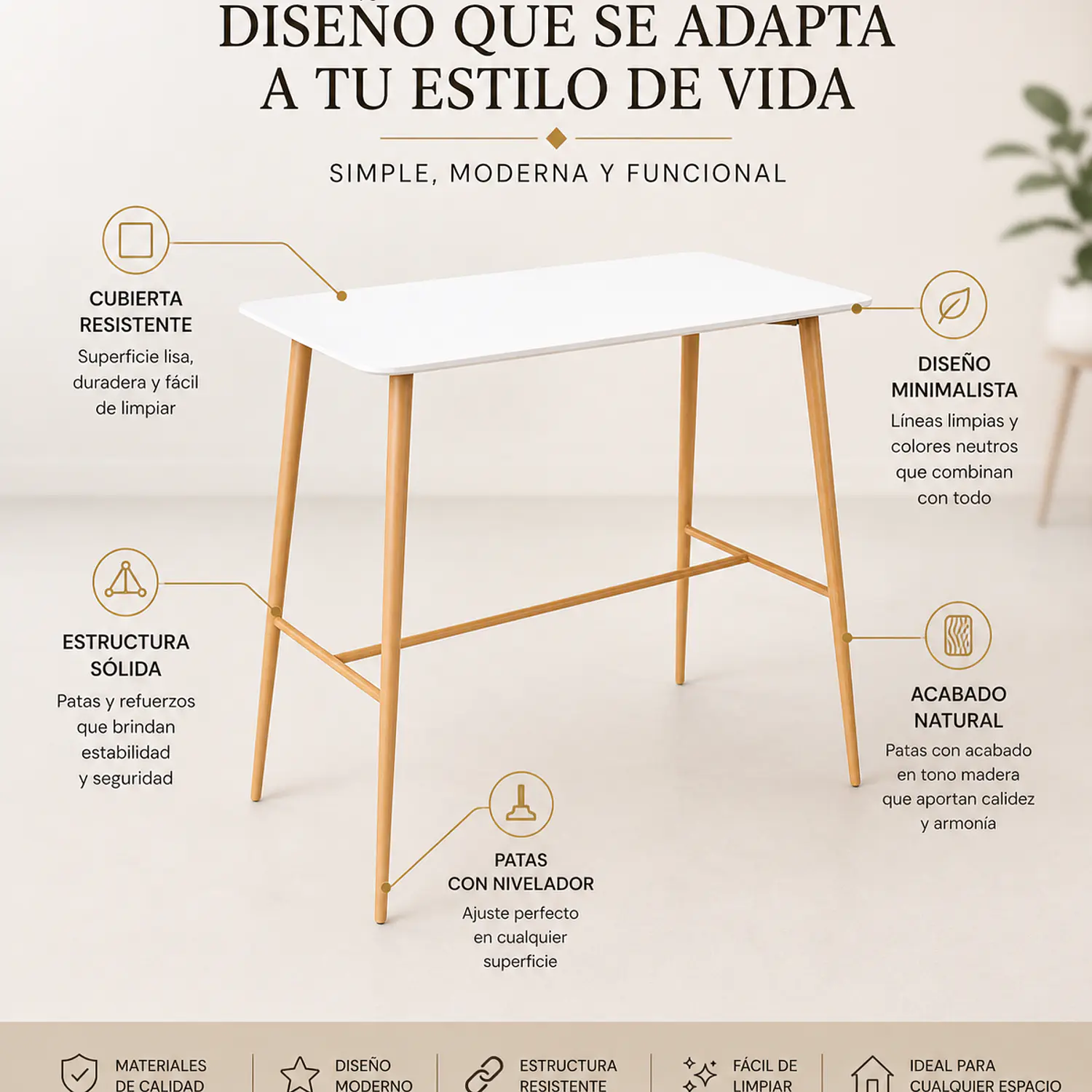 Mesa Bar Rectangular Blanca con Estructura Metálica 3