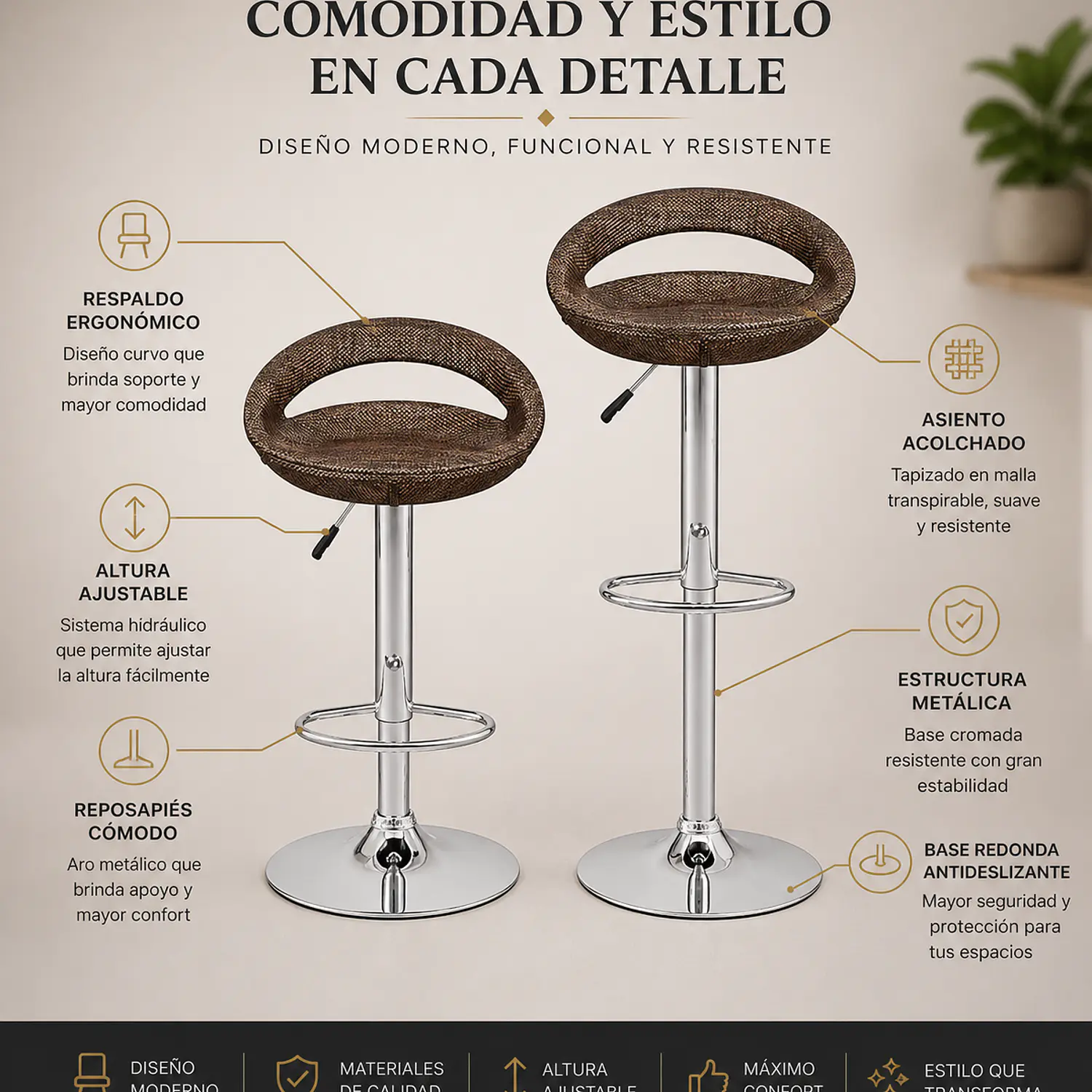 Taburete de Bar Ratán Altura Regulable a Gas Base Cromada 3