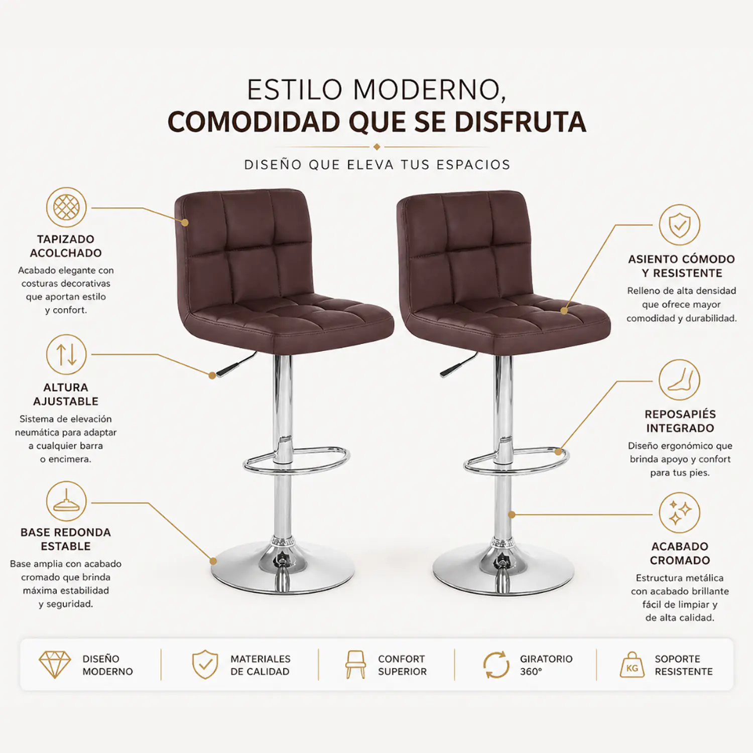 Set 2 Taburetes de Bar Ajustables en Eco Cuero con Base Cromada 3