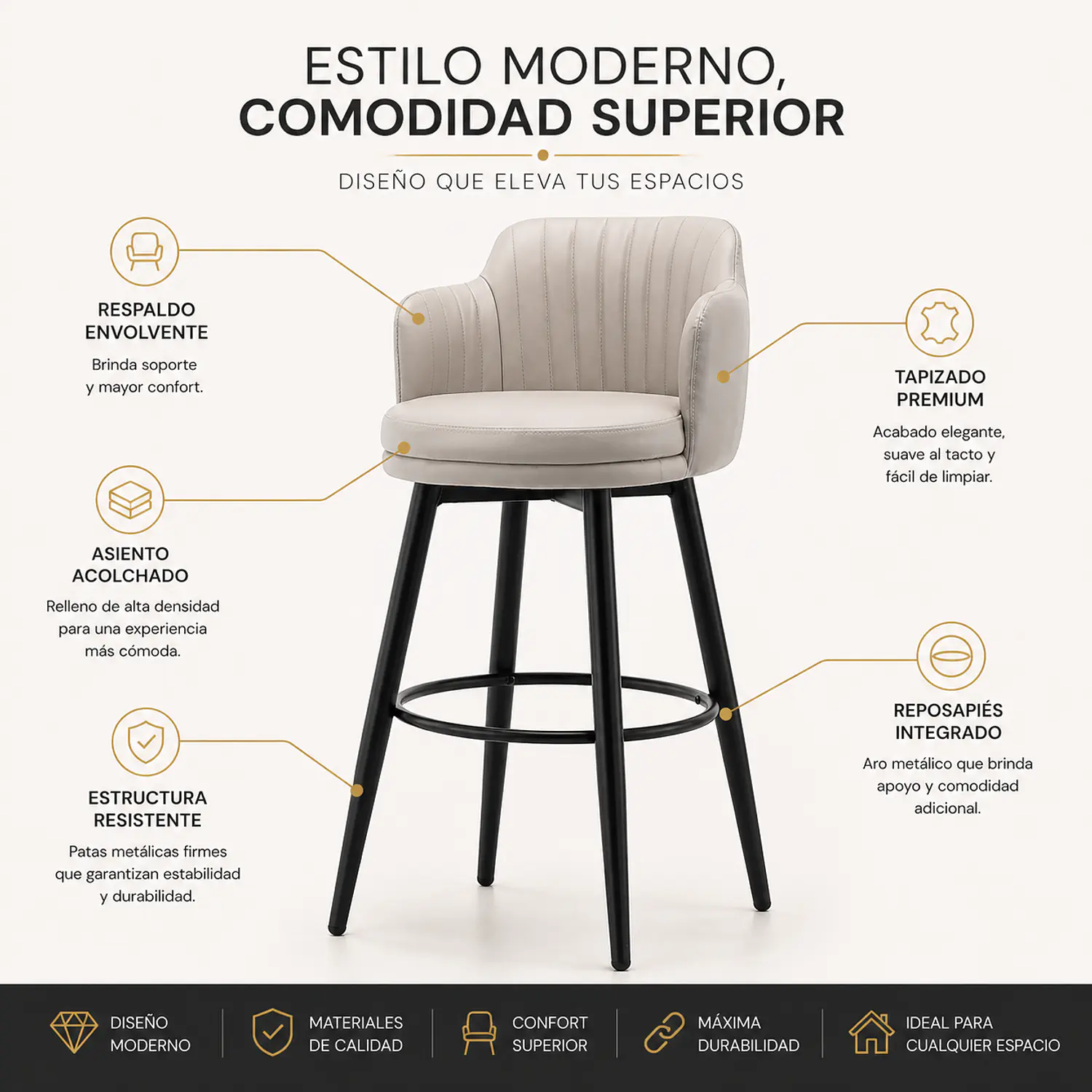 Set de 6 Taburetes de Bar de Eco Cuero Acolchados y Patas Metálicas Negras 3