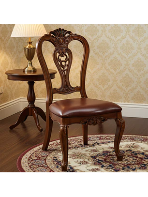 Silla de Comedor Clásica en Madera Caoba con Asiento de Cuero Acolchado
