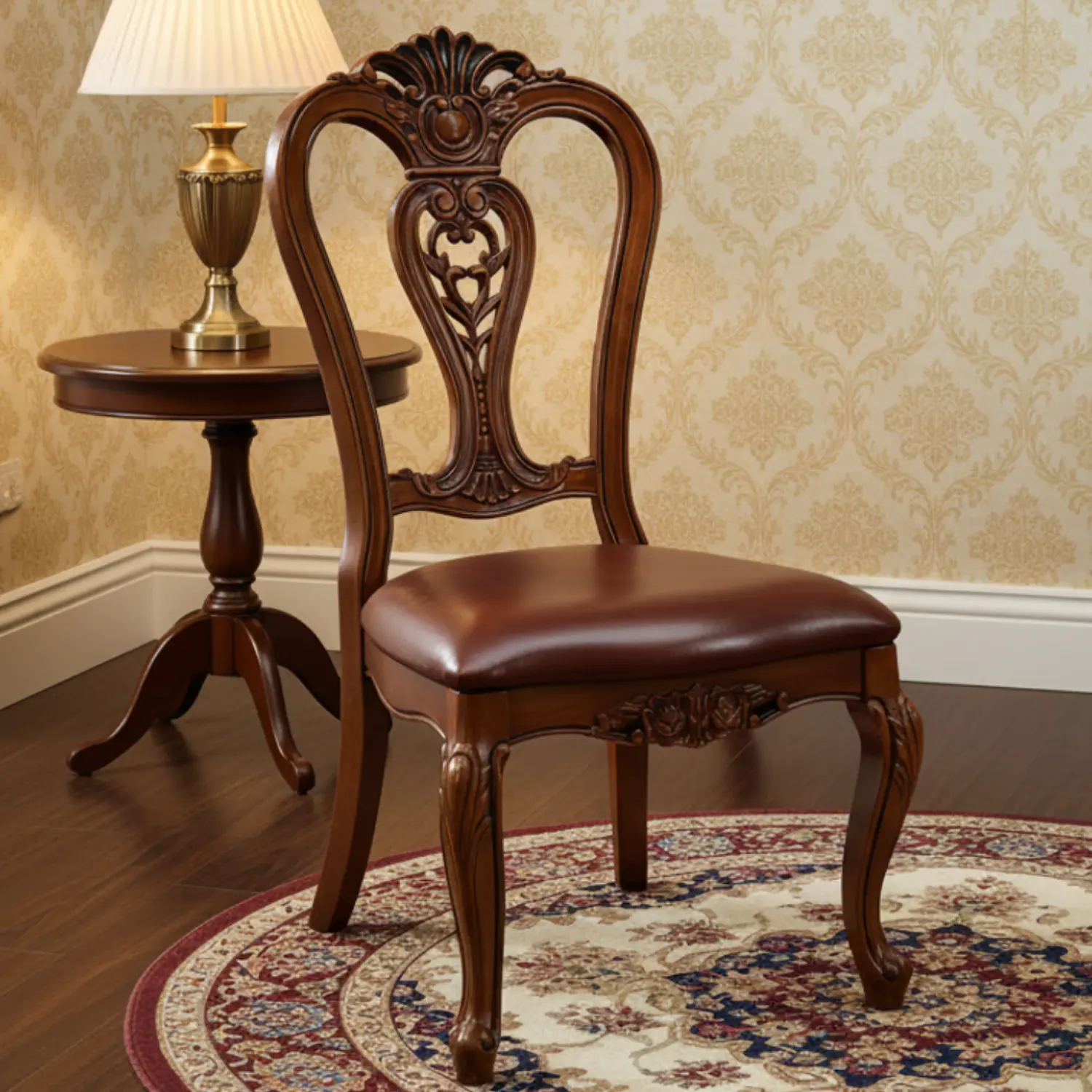 Silla de Comedor Clásica en Madera Caoba con Asiento de Cuero Acolchado 1