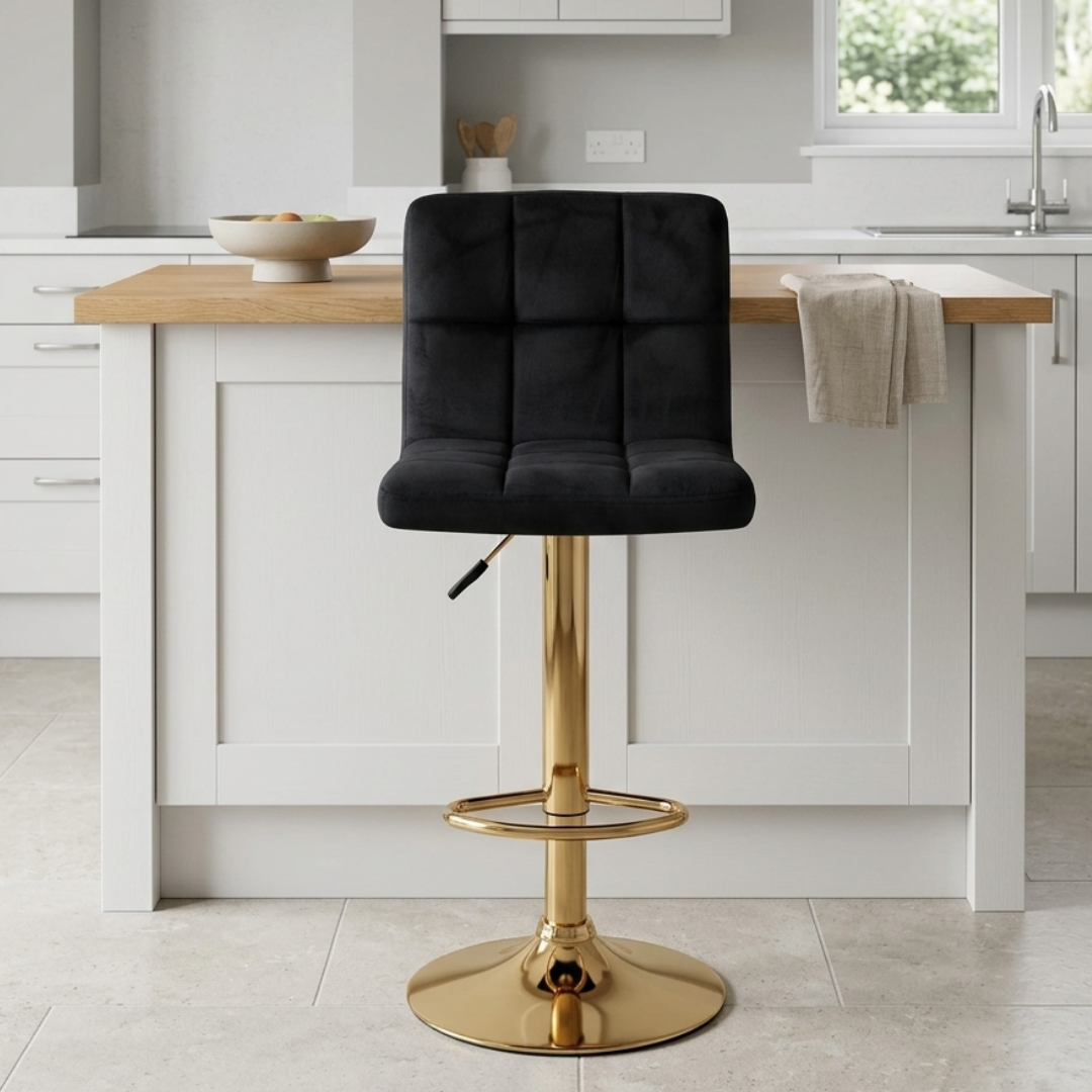 Taburete Bar Queen Ajustable Giratorio 360 Felpa Base Dorada