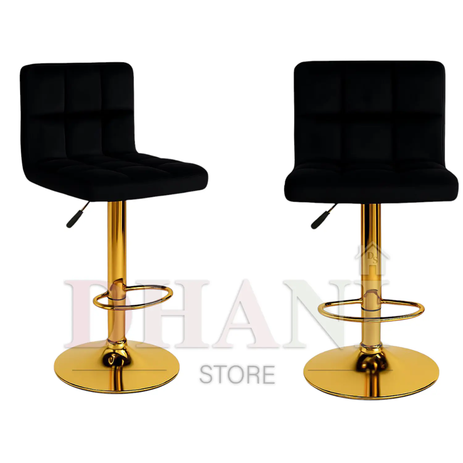 Set de 2 Taburetes de Bar Felpa Cuadriculada Giratorios Base Dorada 4