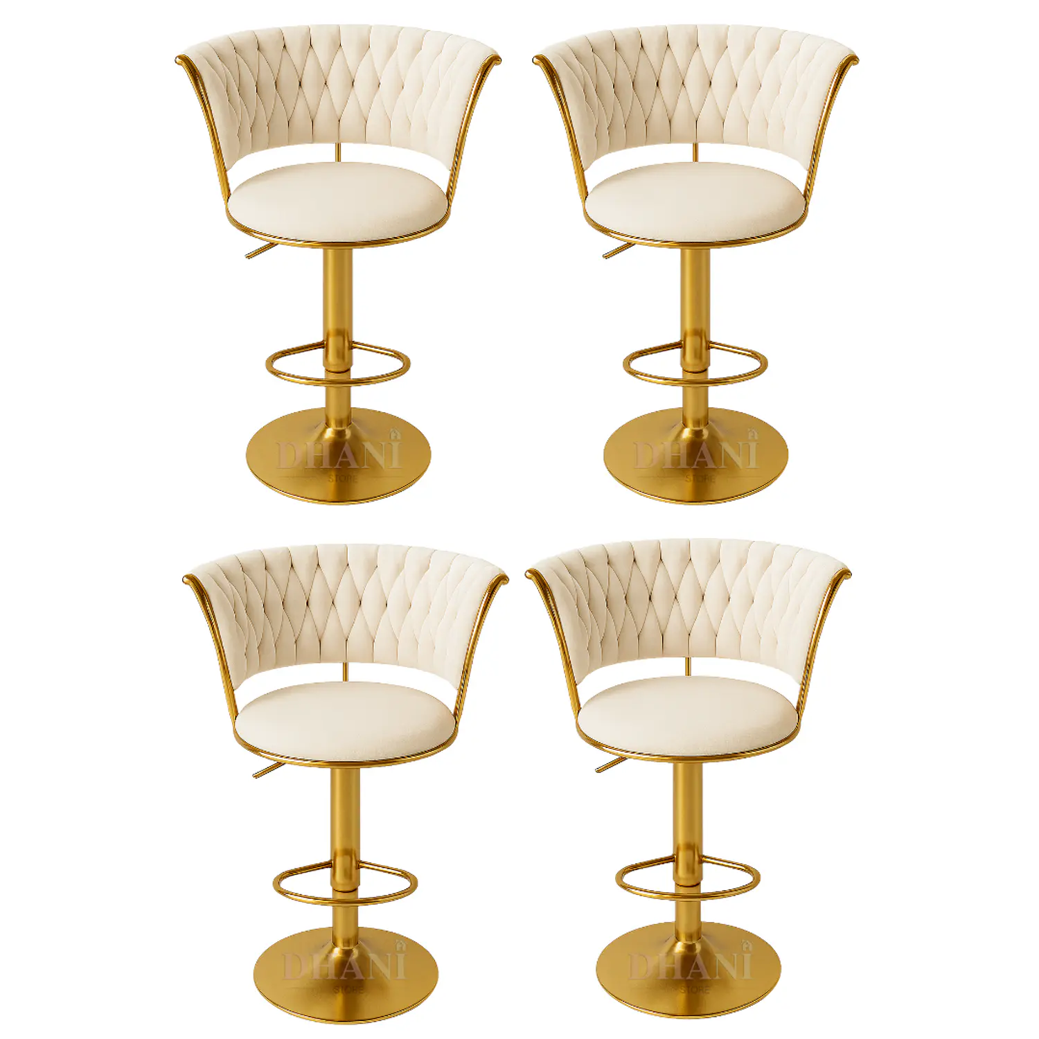 Set 4 Taburetes de Bar Giratorios Felpa Base Dorada con Posa Pies 3