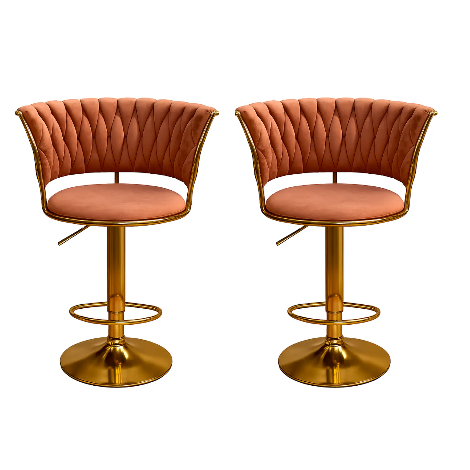 Set 2 Taburetes de Bar Trenzados Giratorios Felpa Base Dorada con Posa Pies 3