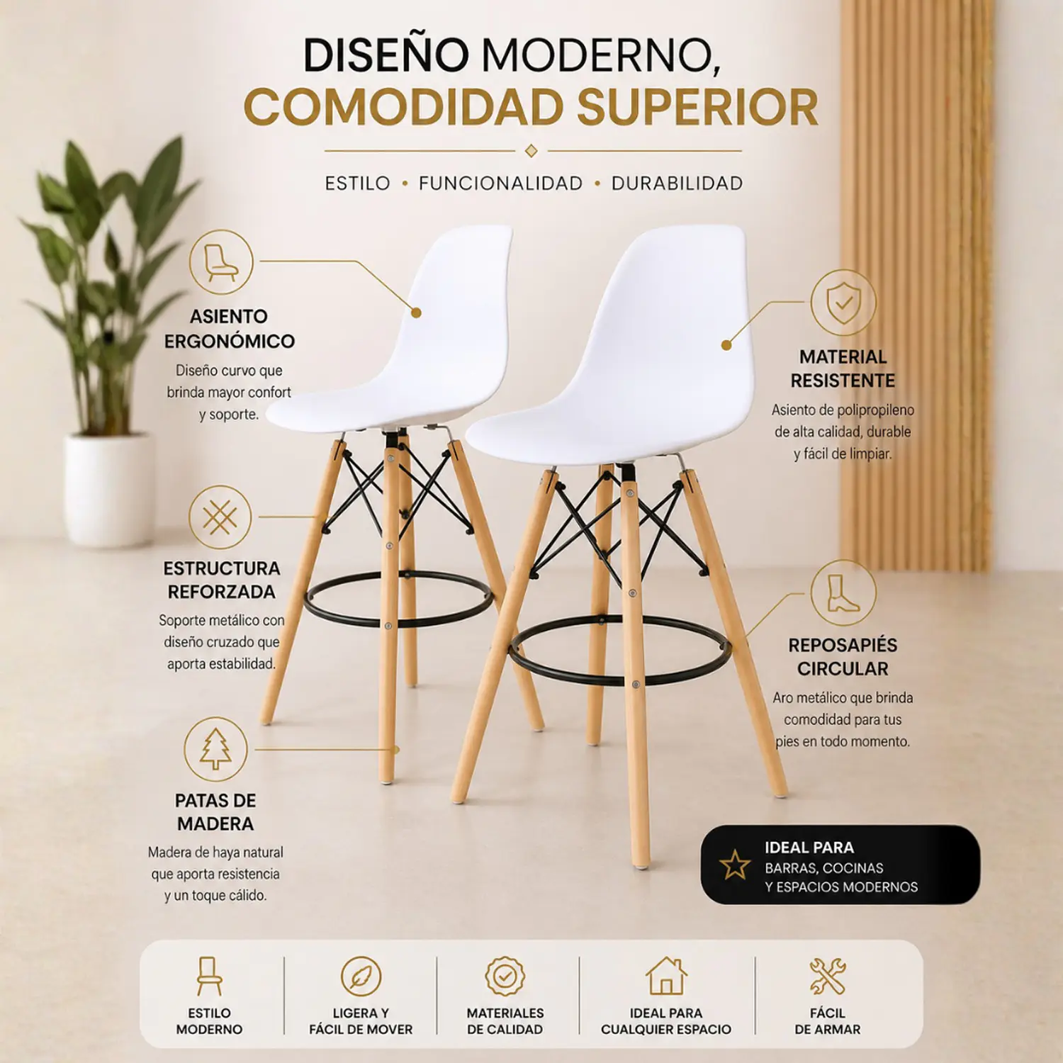 Set 2 Taburetes de Bar Eames con Patas de Madera y Apoyapiés 2