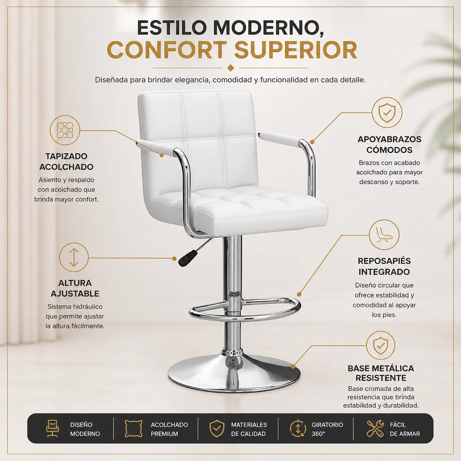 Taburete de Bar Giratorio con Apoya Brazos Base Cromada Ajustable 4