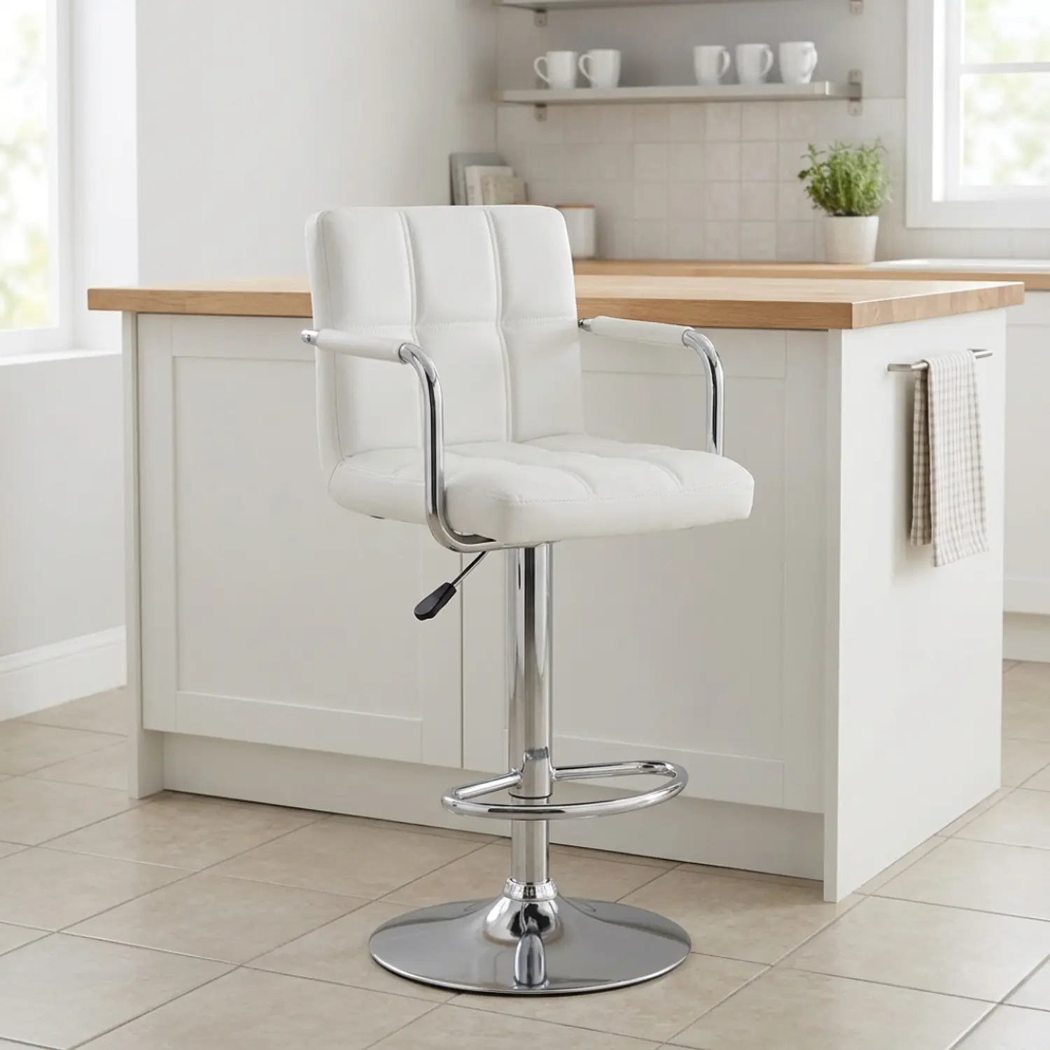 Taburete de Bar Giratorio con Apoya Brazos Base Cromada Ajustable 1