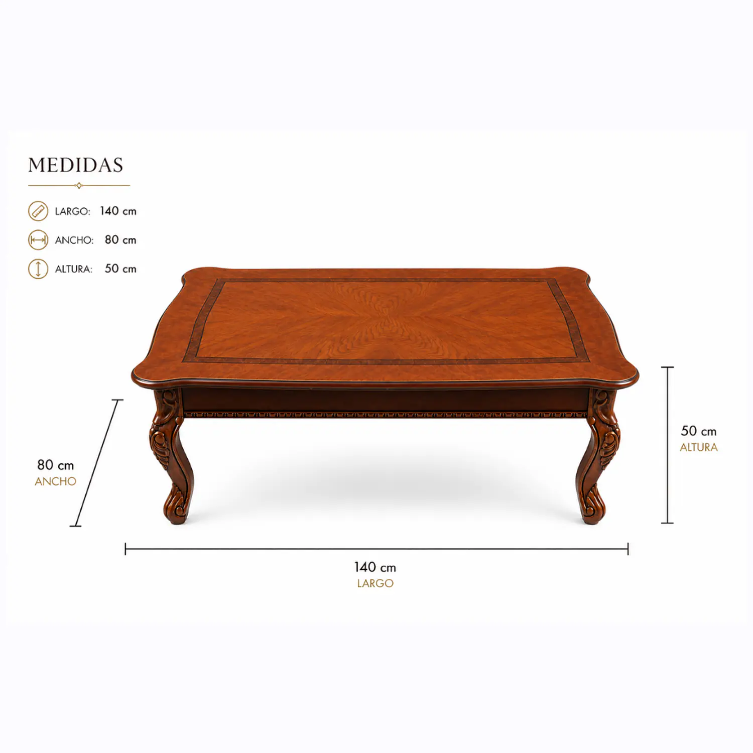 Mesa de Centro Clásica Roble Americano Madera Sólida 140x80 5