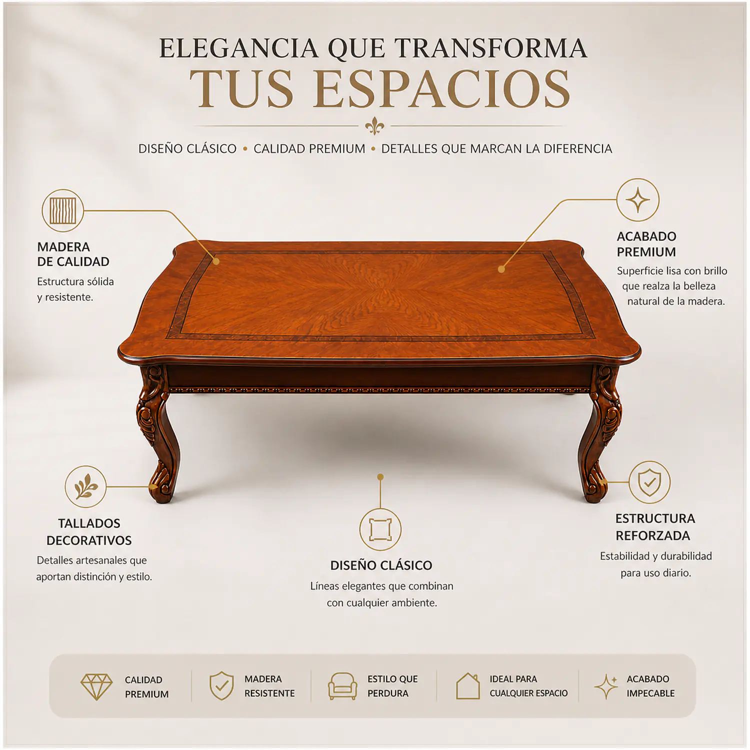Mesa de Centro Clásica Roble Americano Madera Sólida 140x80 3