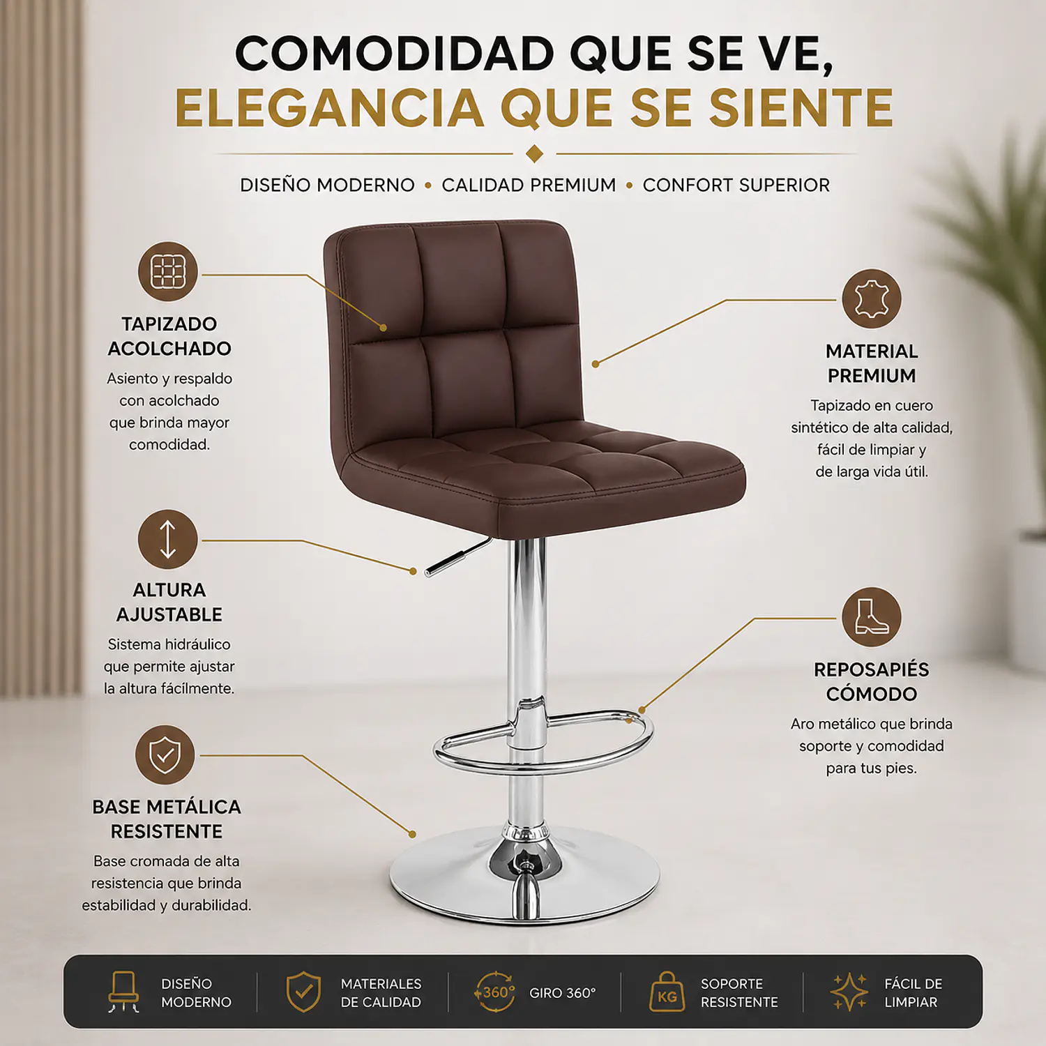Set 4 Taburetes de Bar Giratorios Ecocuero Ajustables Base Cromada 3