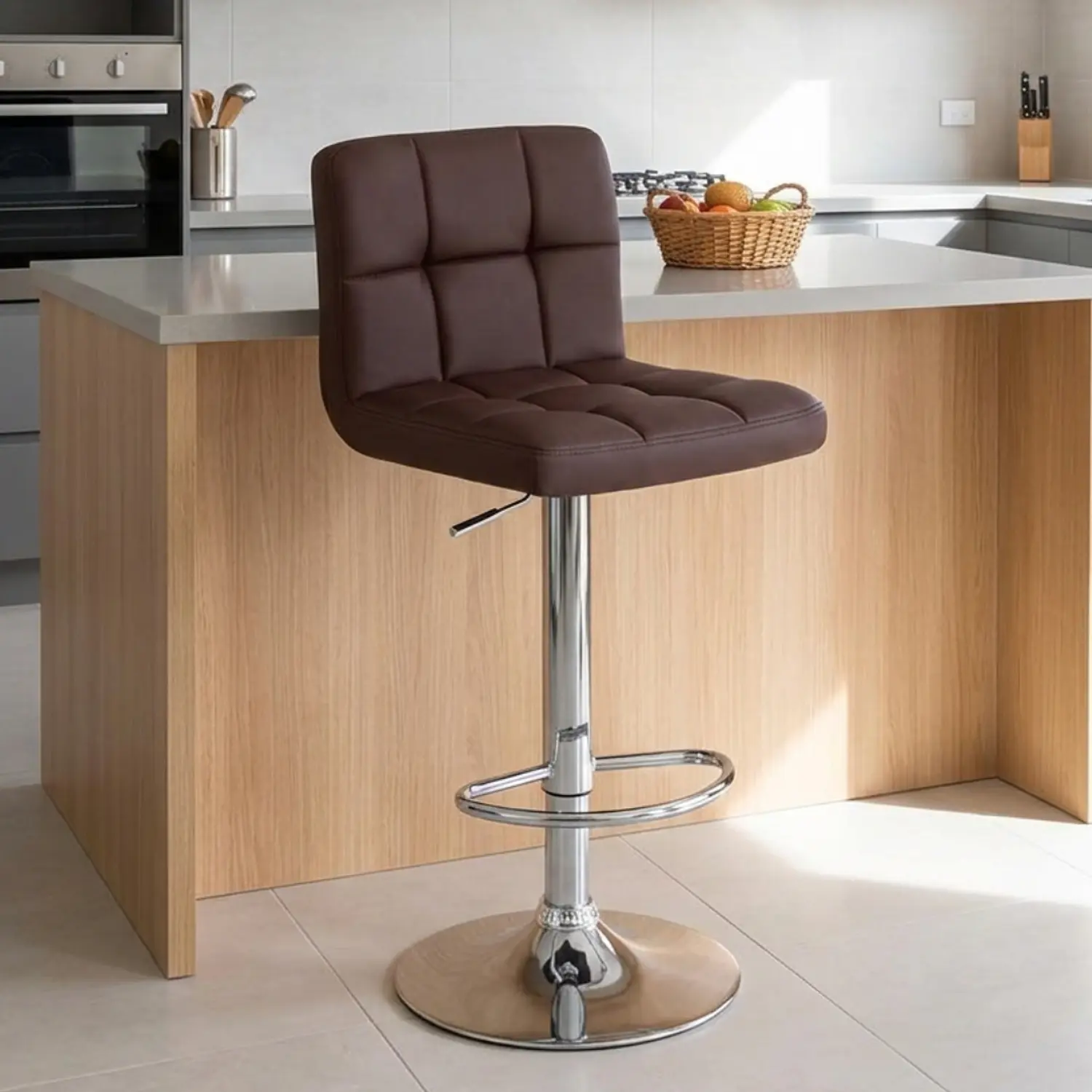 Taburete de Bar Giratorio Eco Cuero Regulable con Base Cromada y Posa Pies 1