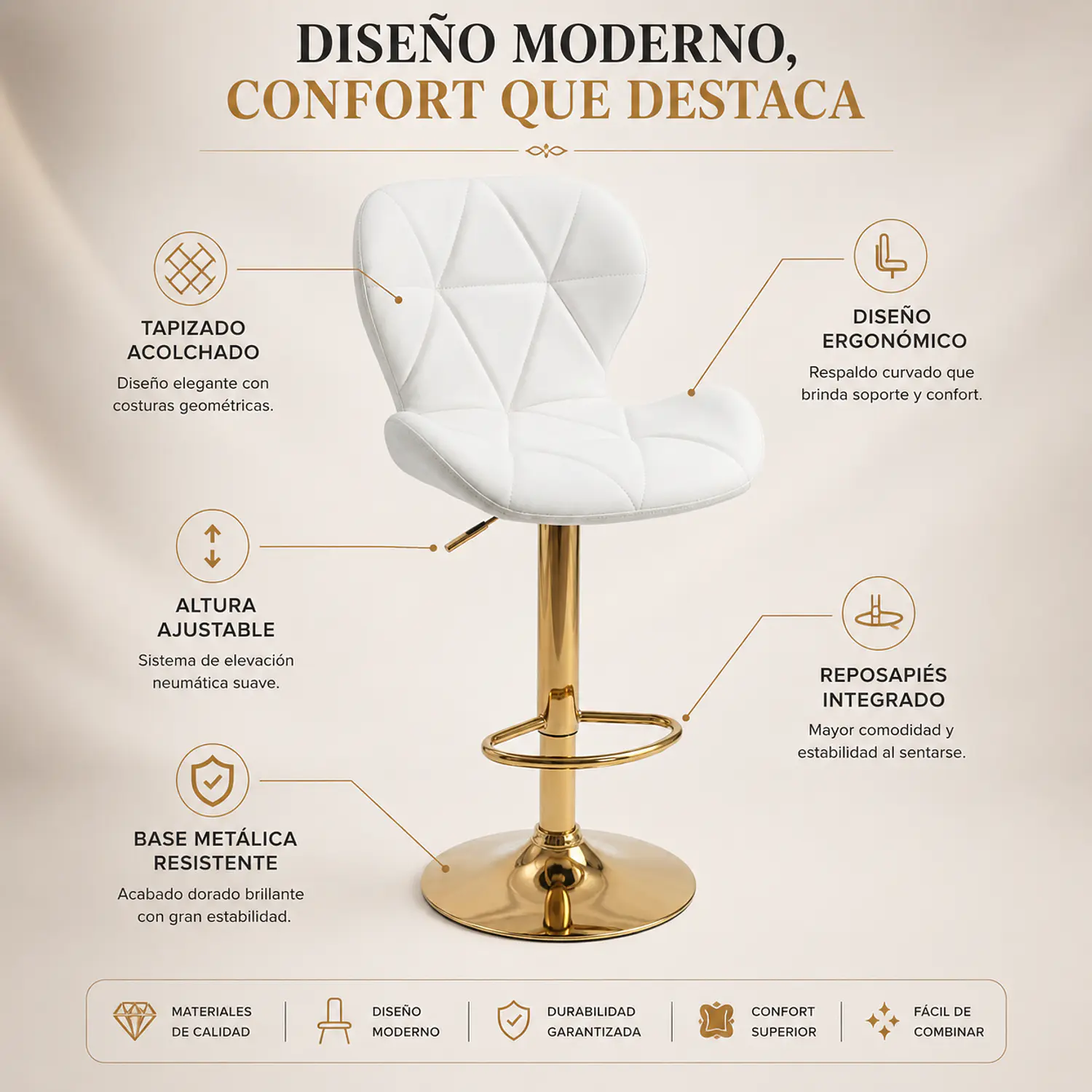 Taburete Bar Giratorio Ecocuero Base Dorada Ajustable 3