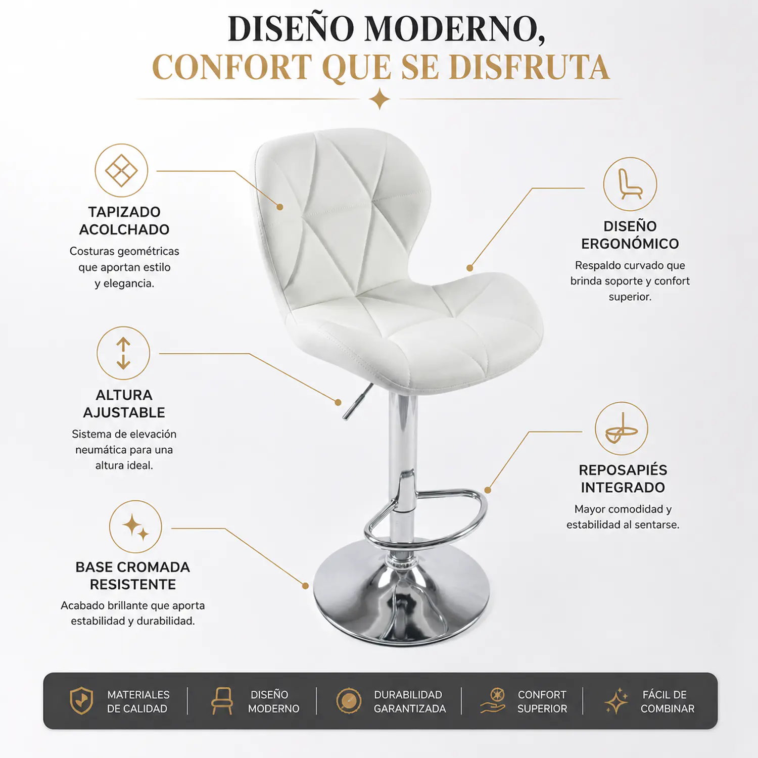 Taburete Bar Ajustable Ecocuero Base Cromada 3