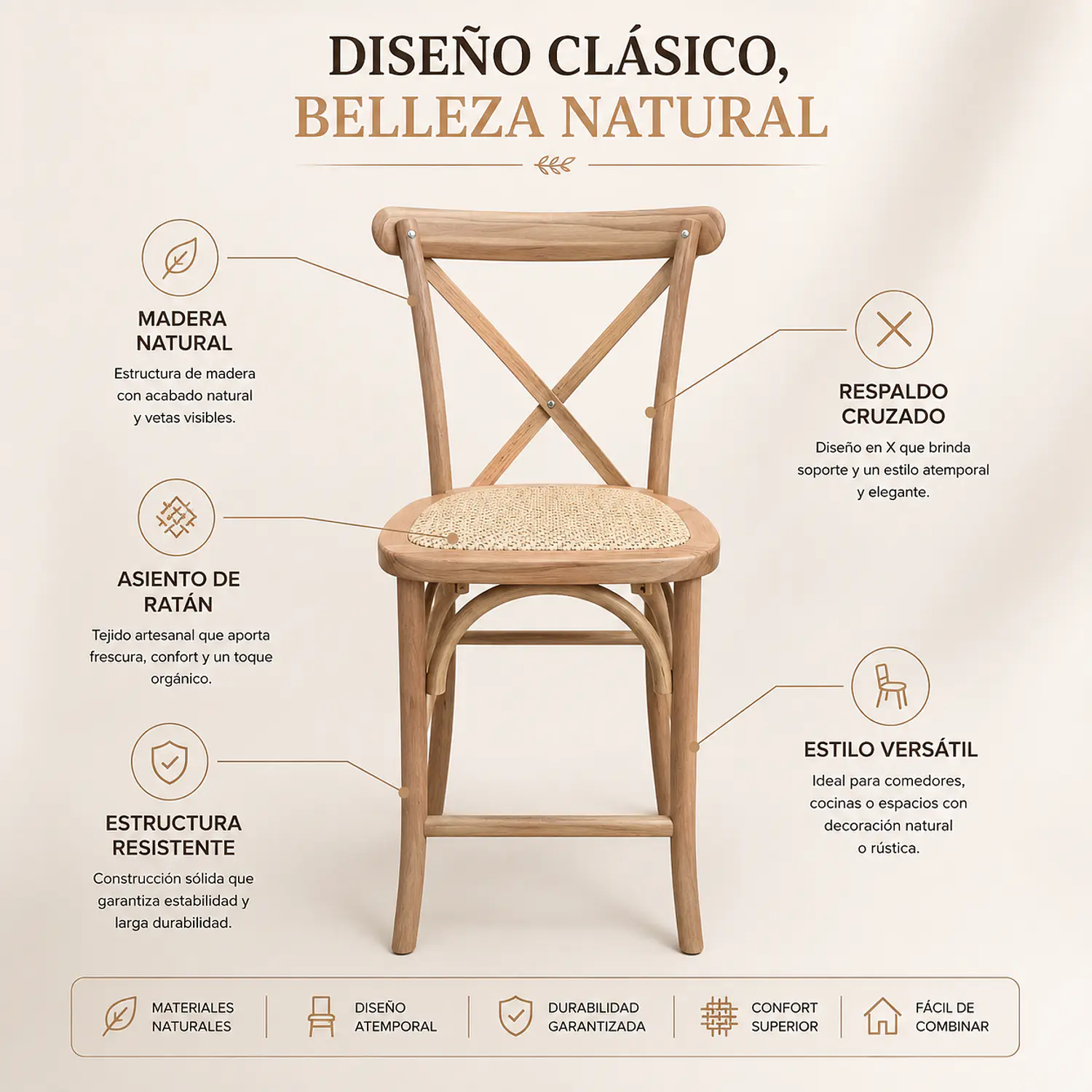 Taburete Bar Crossback Madera Haya Asiento Ratán 4