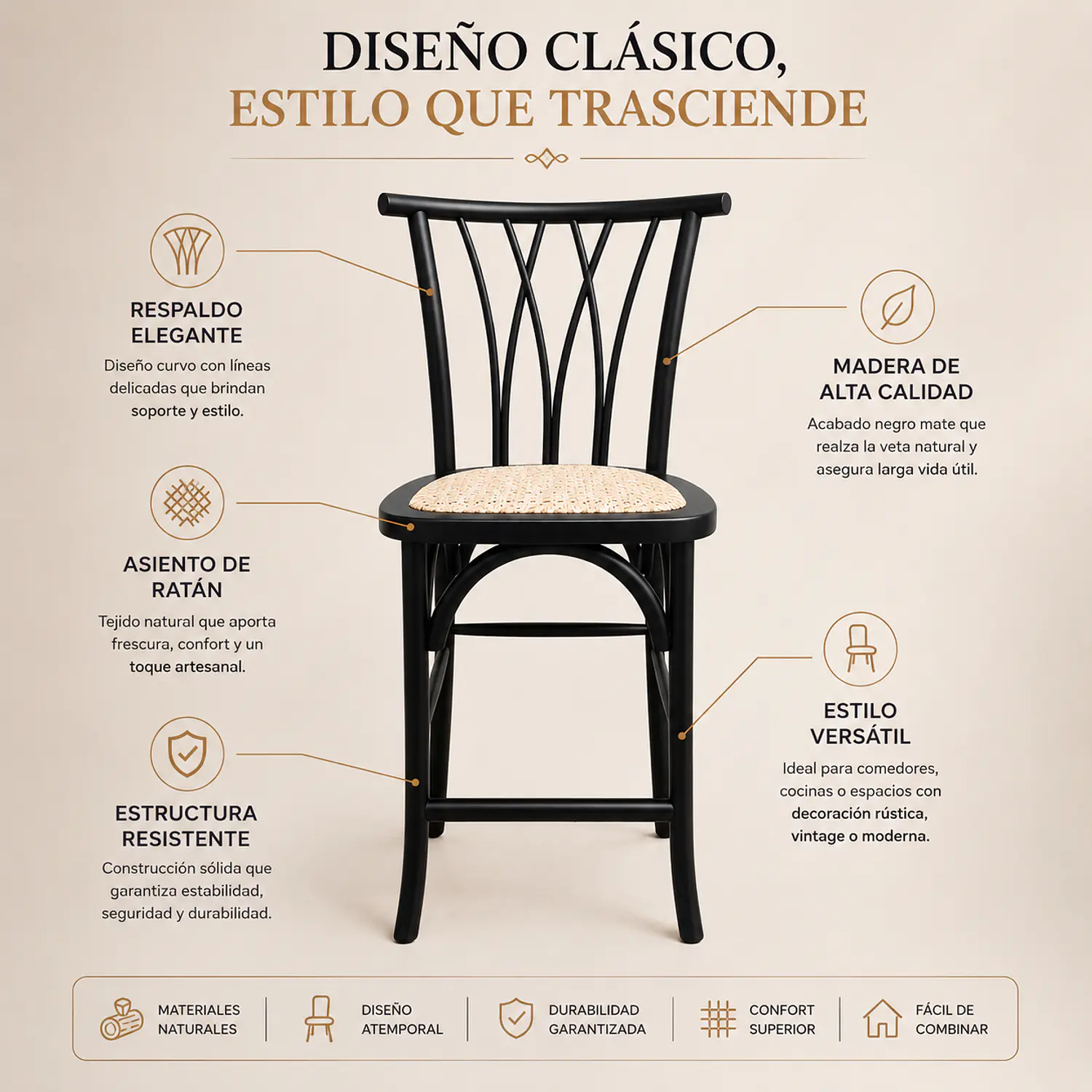 Taburete Bar Andes de Madera Haya y Ratán Natural Estilo Bistro 3