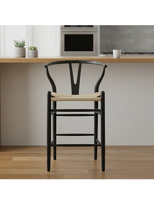 Taburete Wishbone Alto de Madera Haya con Asiento Encordado Natural