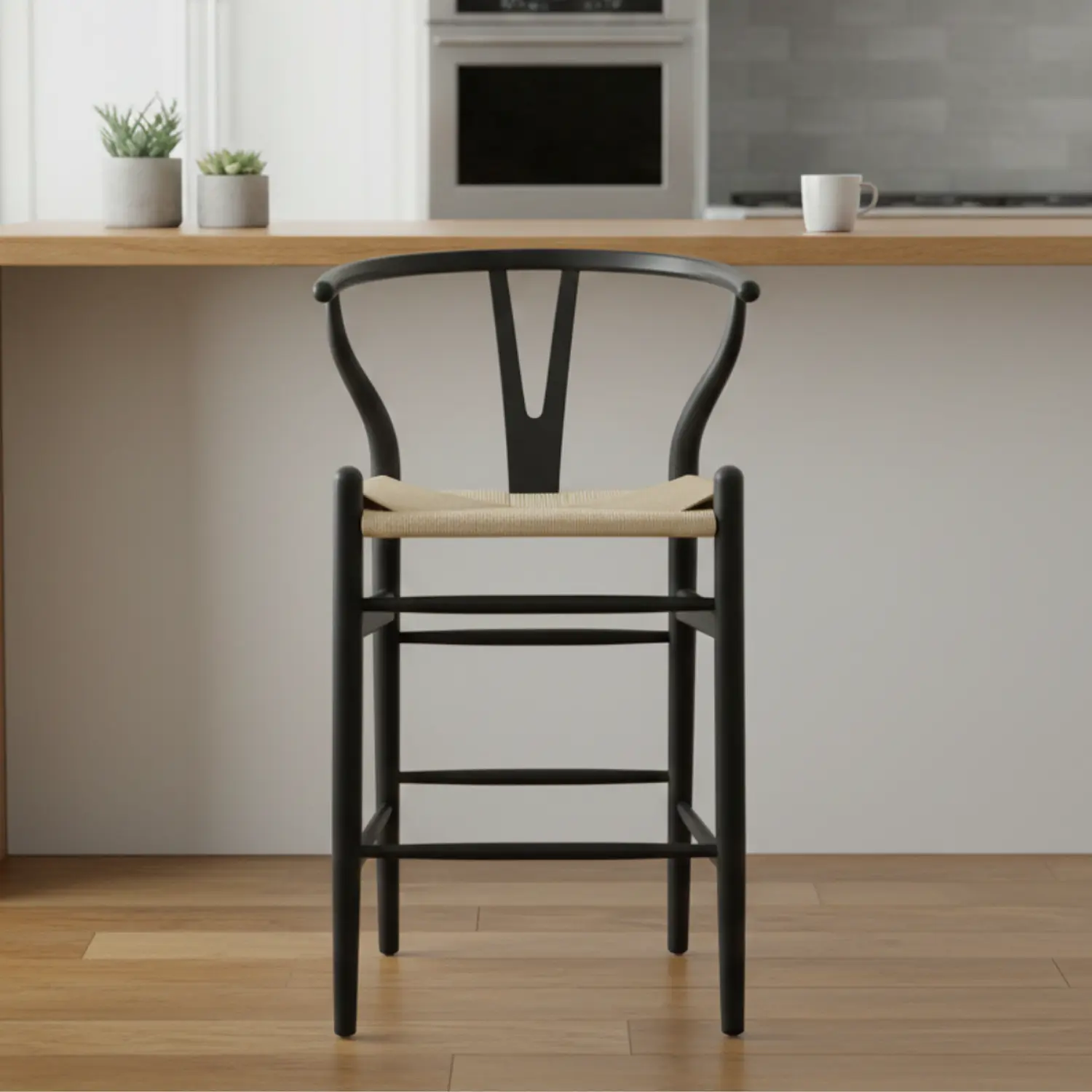 Taburete Wishbone Alto de Madera Haya con Asiento Encordado Natural 1