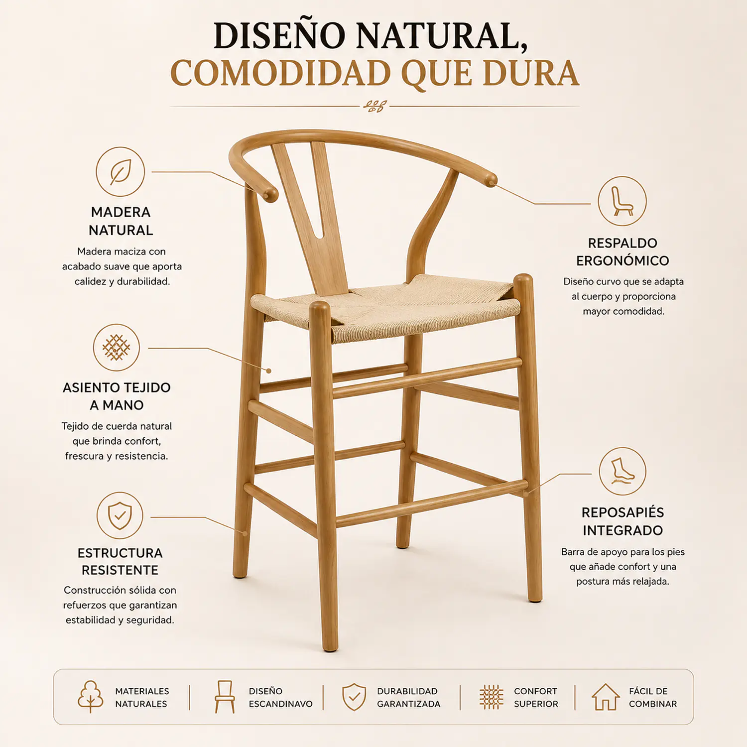 Taburete Wishbone Alto de Madera Haya con Asiento Encordado Natural 5