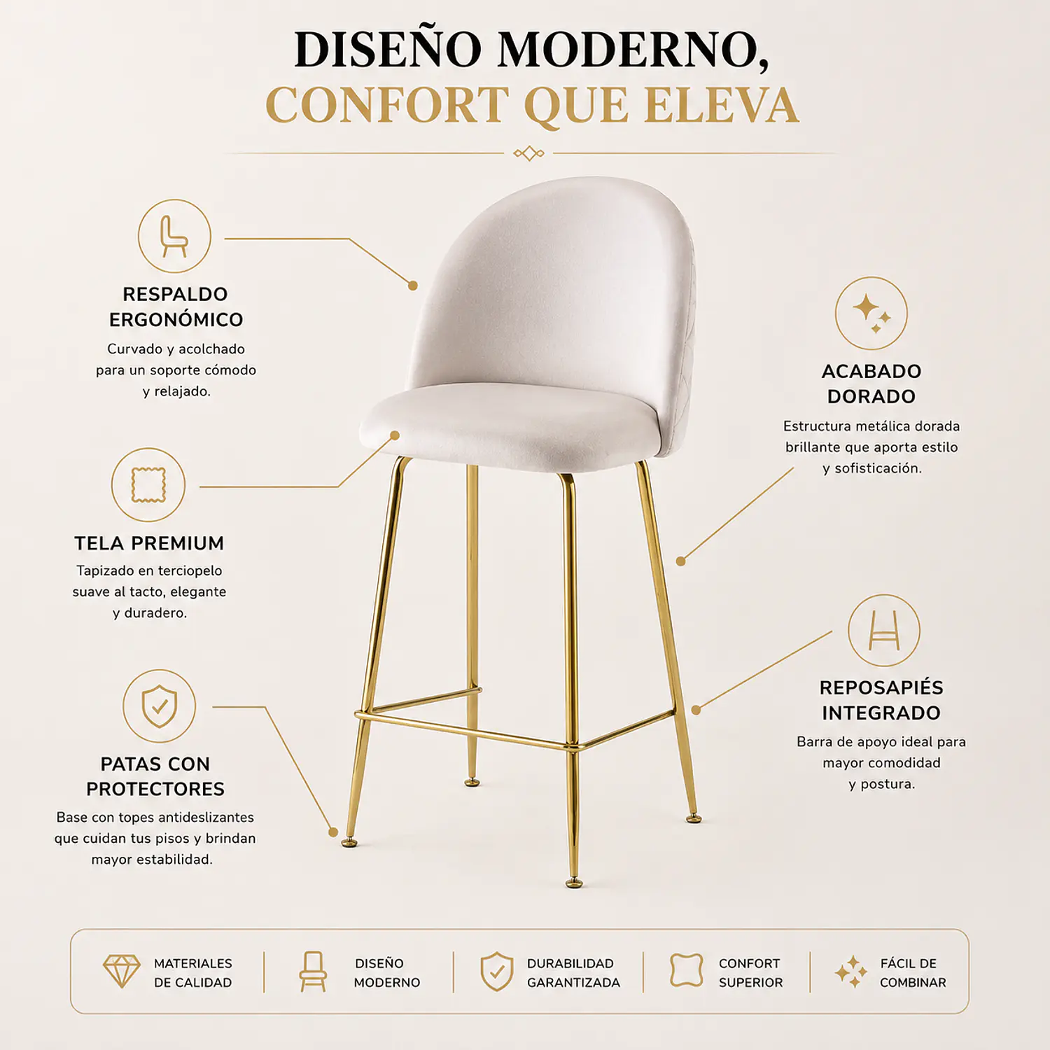 Taburete Bar Tapizado en Felpa con Patas Doradas Estilo Luxury 3