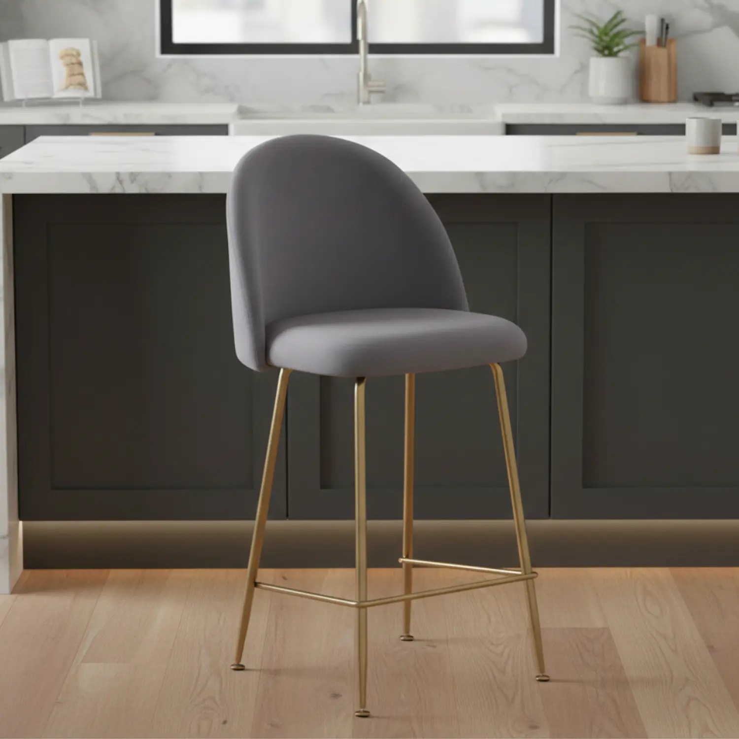 Taburete Bar Tapizado en Felpa con Patas Doradas Estilo Luxury 5