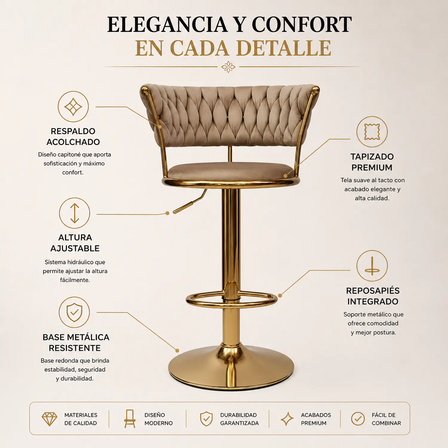 Taburete Bar Queen Dorado Ajustable en Velvet 3