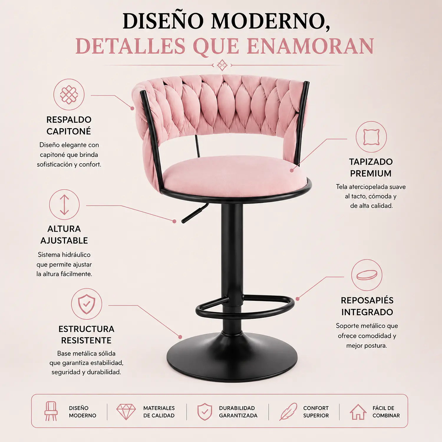 Taburete de Bar Felpa Rosa Trenzado y Base Negra 3